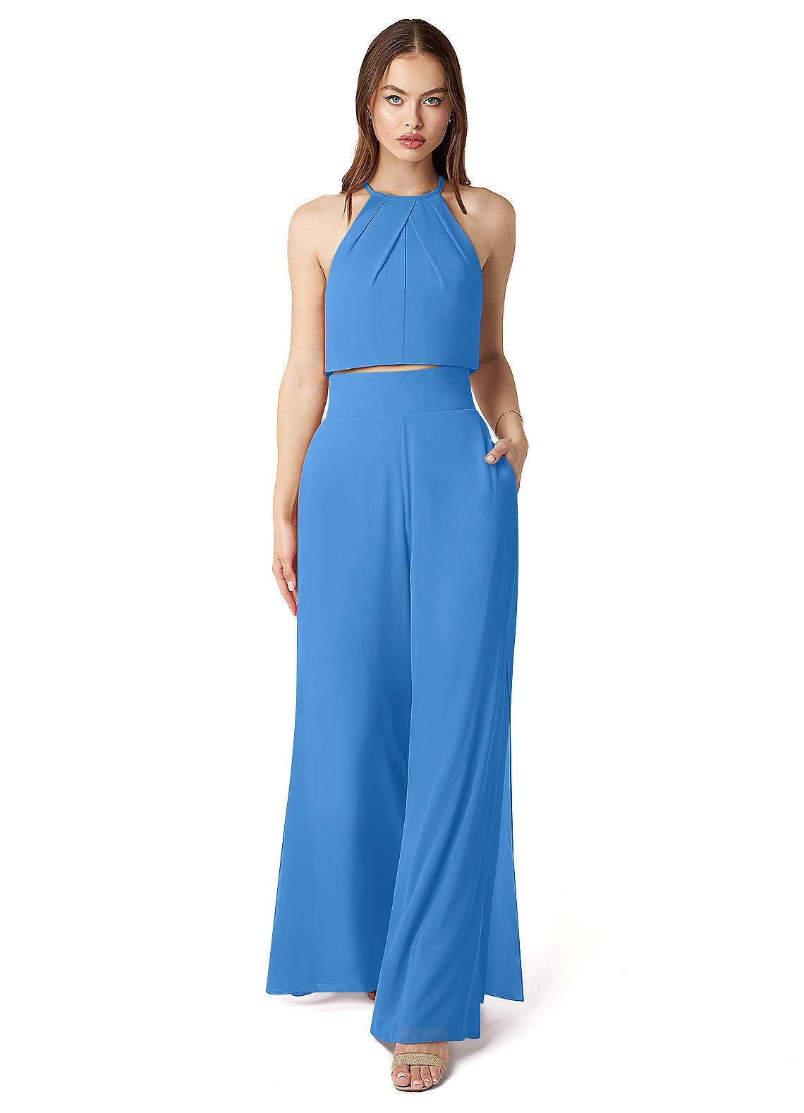 Azazie Kenzi Jurken voor bruidsmeisjes Jumpsuit van Chiffon Geplooid Blauwe Gaai image1