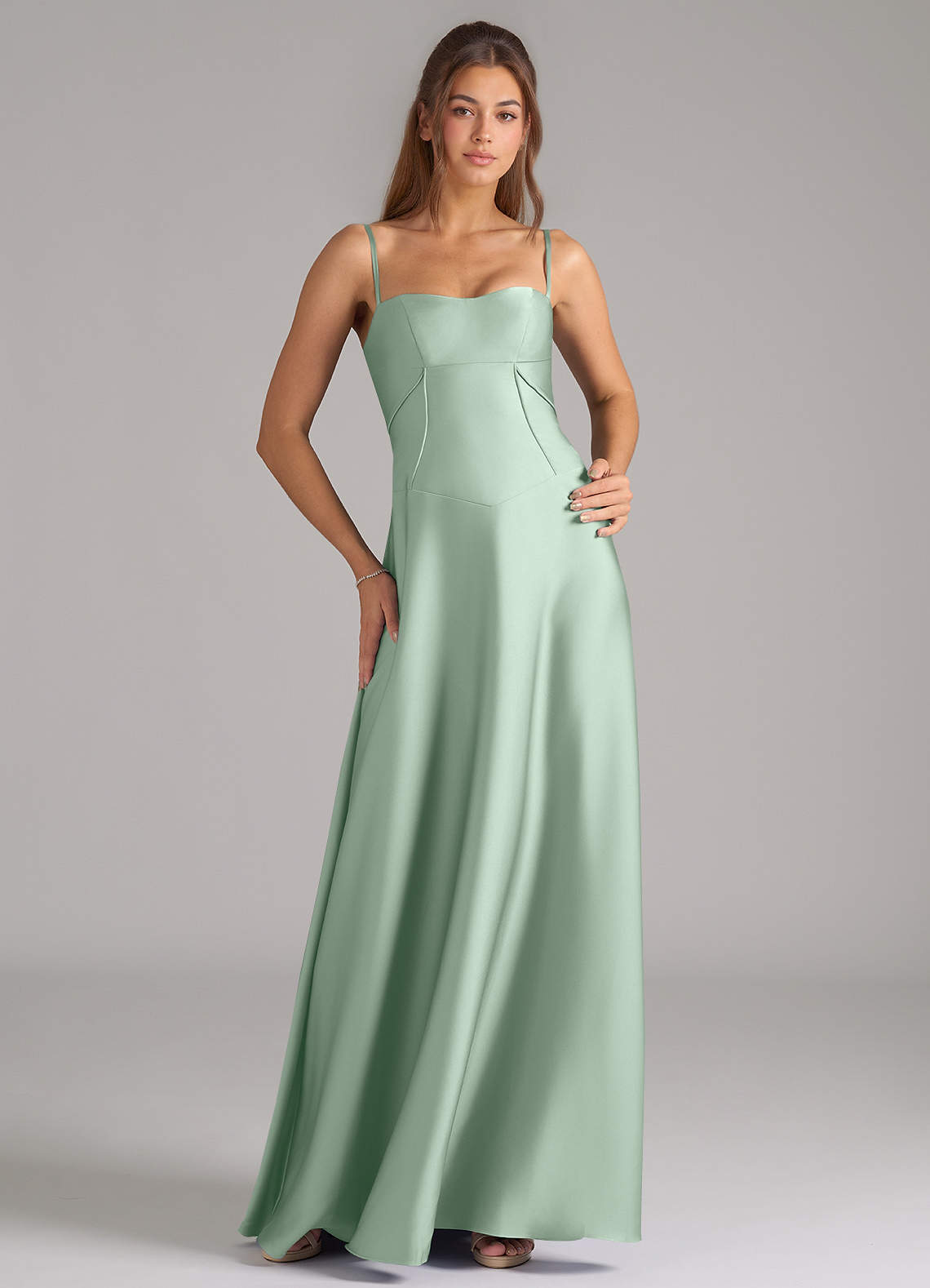 Azazie Valentine Bridesmaid Dresses Agave A-Line Corset Stretch Satin Dress image1