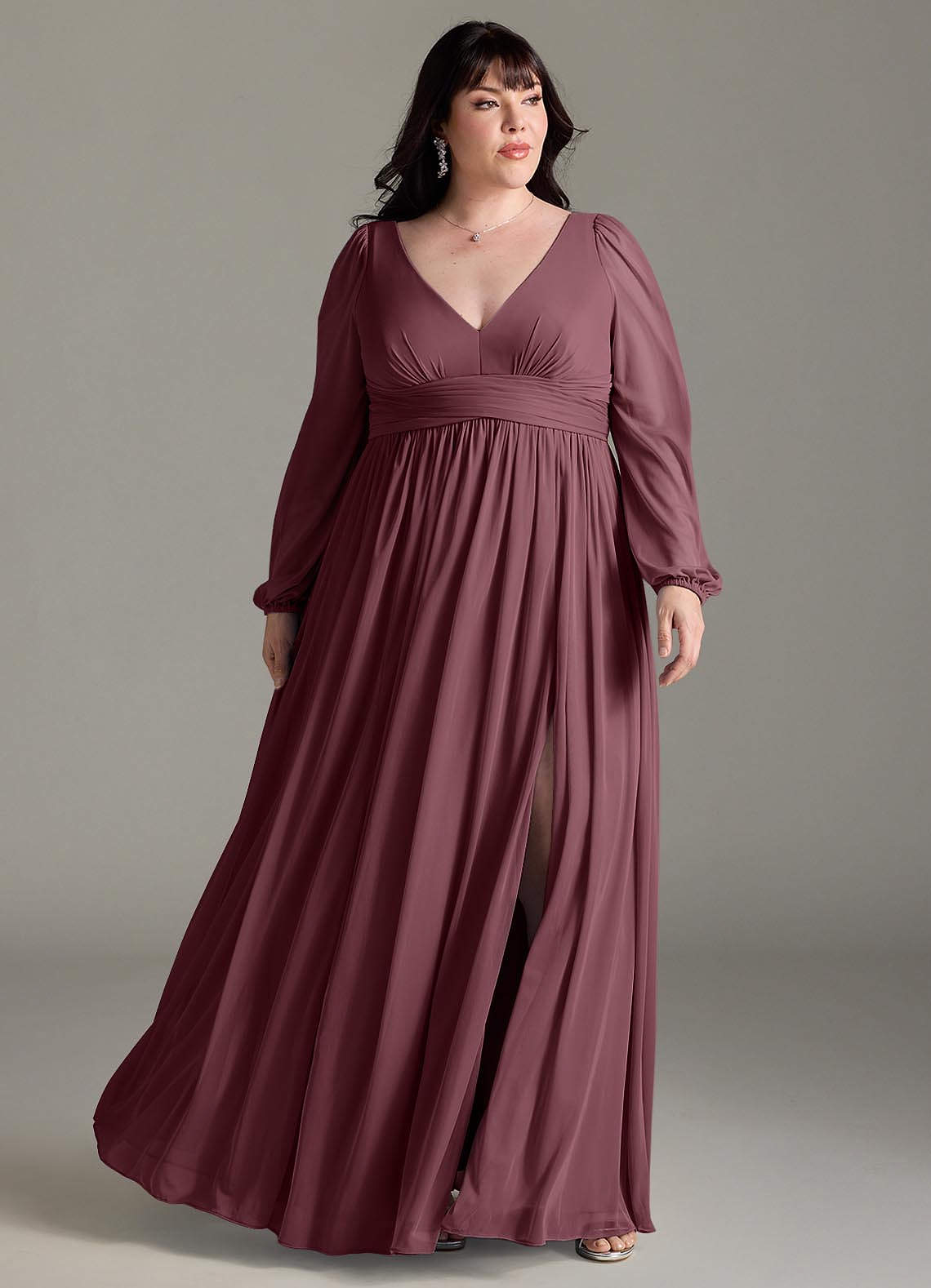 Azazie Norah Brautjungfernkleider A-Linie Lange Ärmel mit V-Ausschnitt Chiffon Kleid Sangria image1
