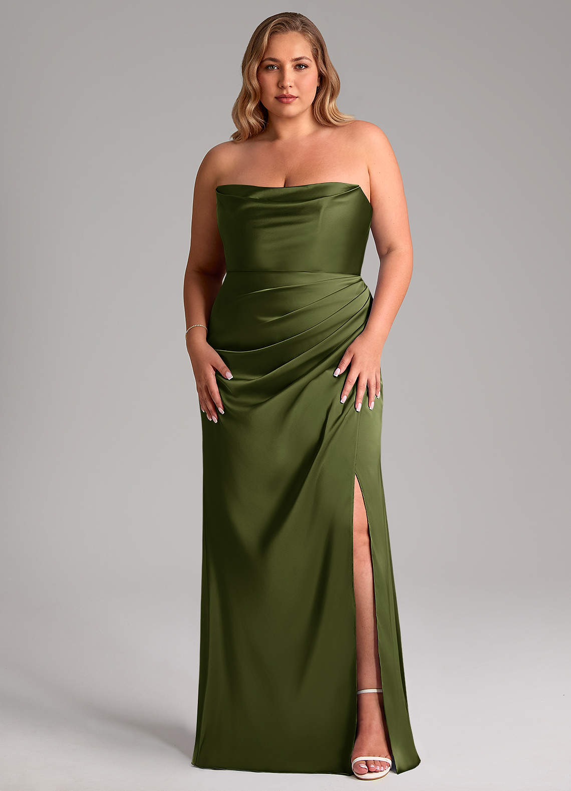 Azazie Leonis Bridesmaid Dresses Olive Mermaid Pleated Stretch Satin Convertible Dress image8