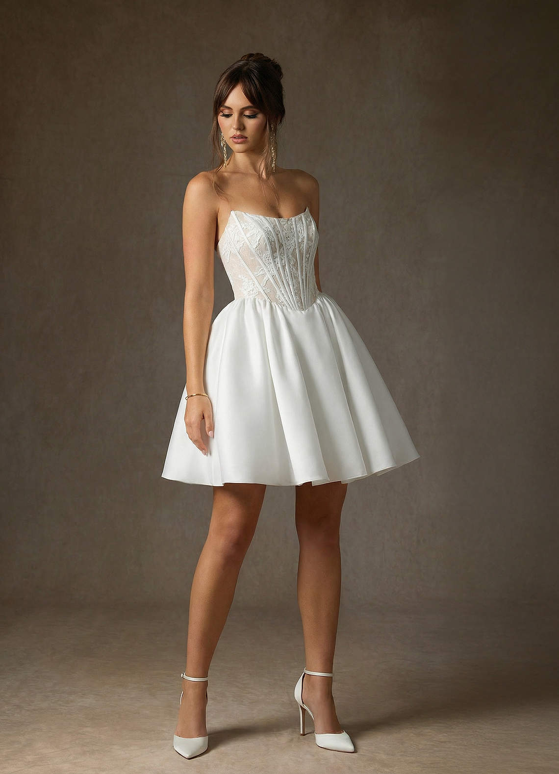 Azazie Barica Abiti da Sposa Abito A-Line in Pizzo Senza Cinturino Bianco Diamante Champagne image4