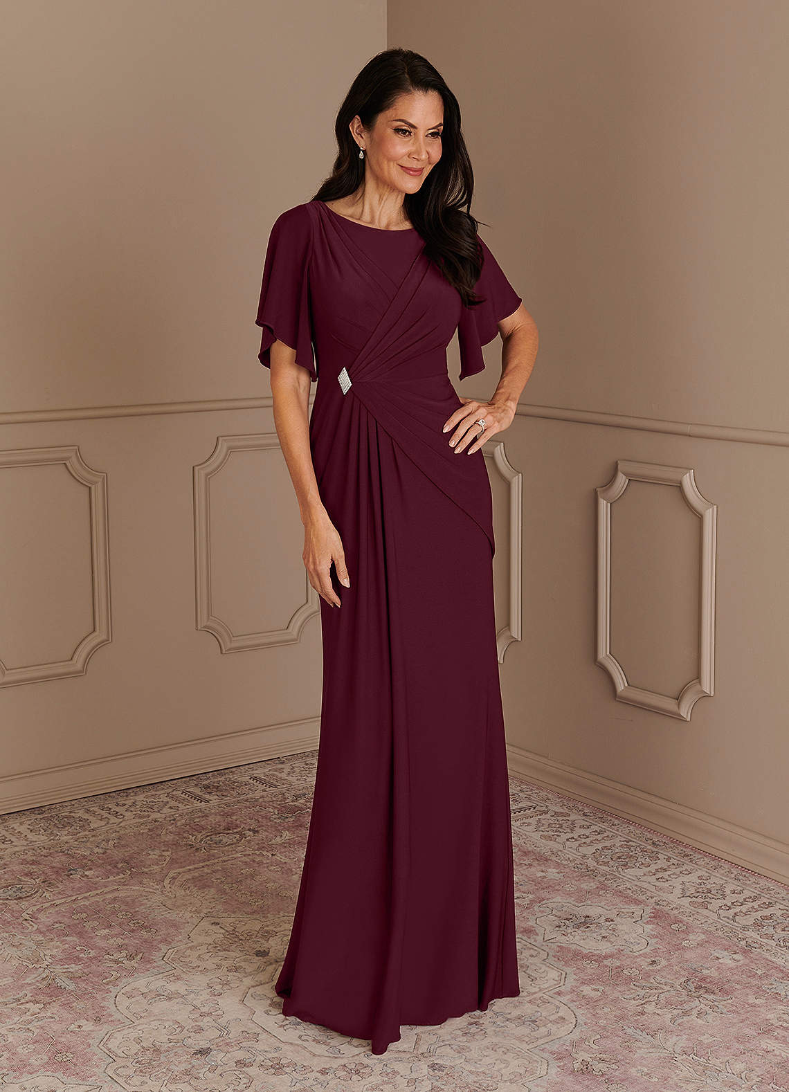 Azazie Louanne Mother of the Bride Dresses Cabernet Mermaid Boatneck Pleated Luxe Knit Dress image1