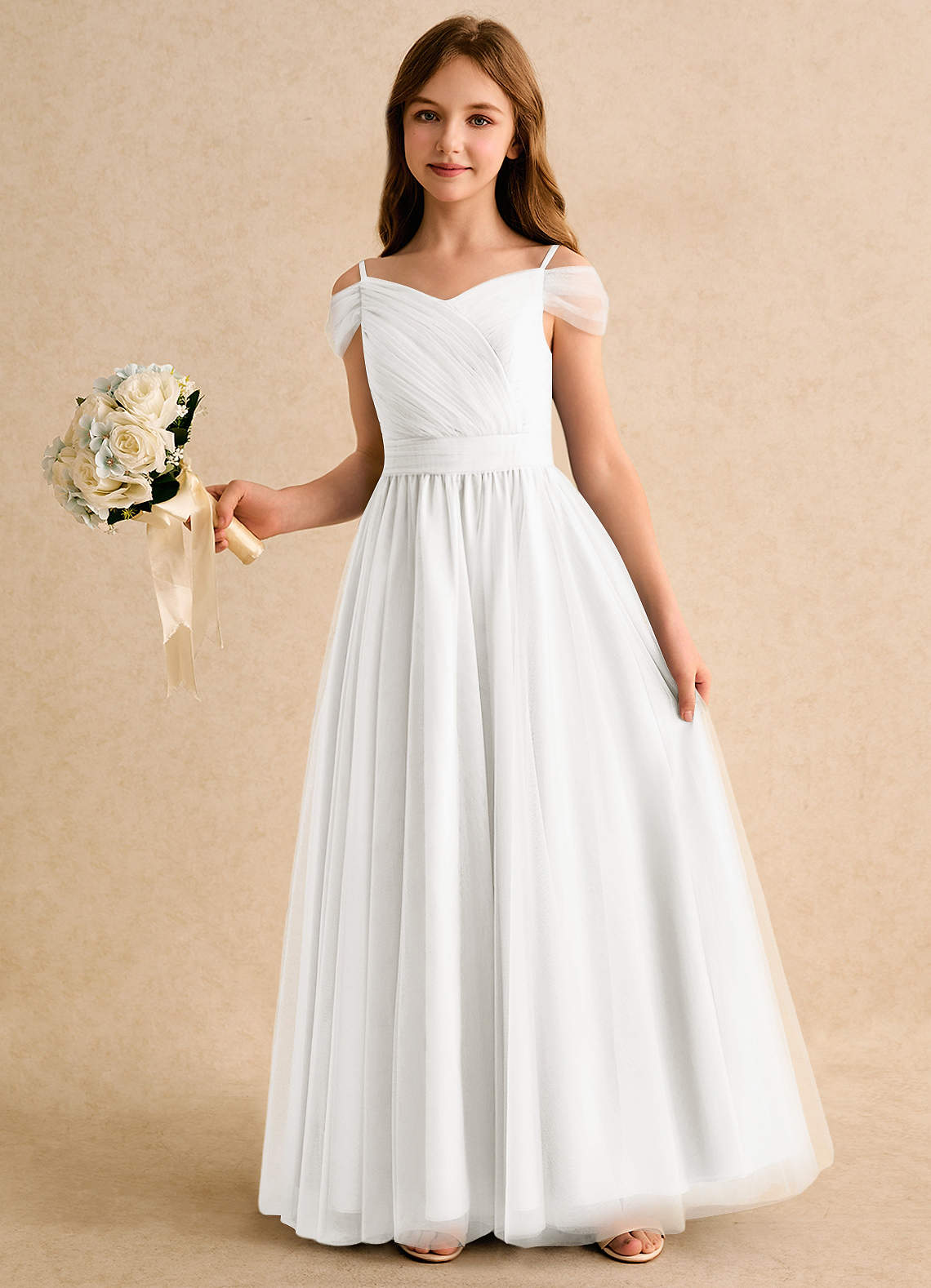 Azazie Yuna Girls Formal Kukkatyttöjen mekot A-linja Olkapään ulkopuolella Tylli Lattian pituus Pukeutua image4