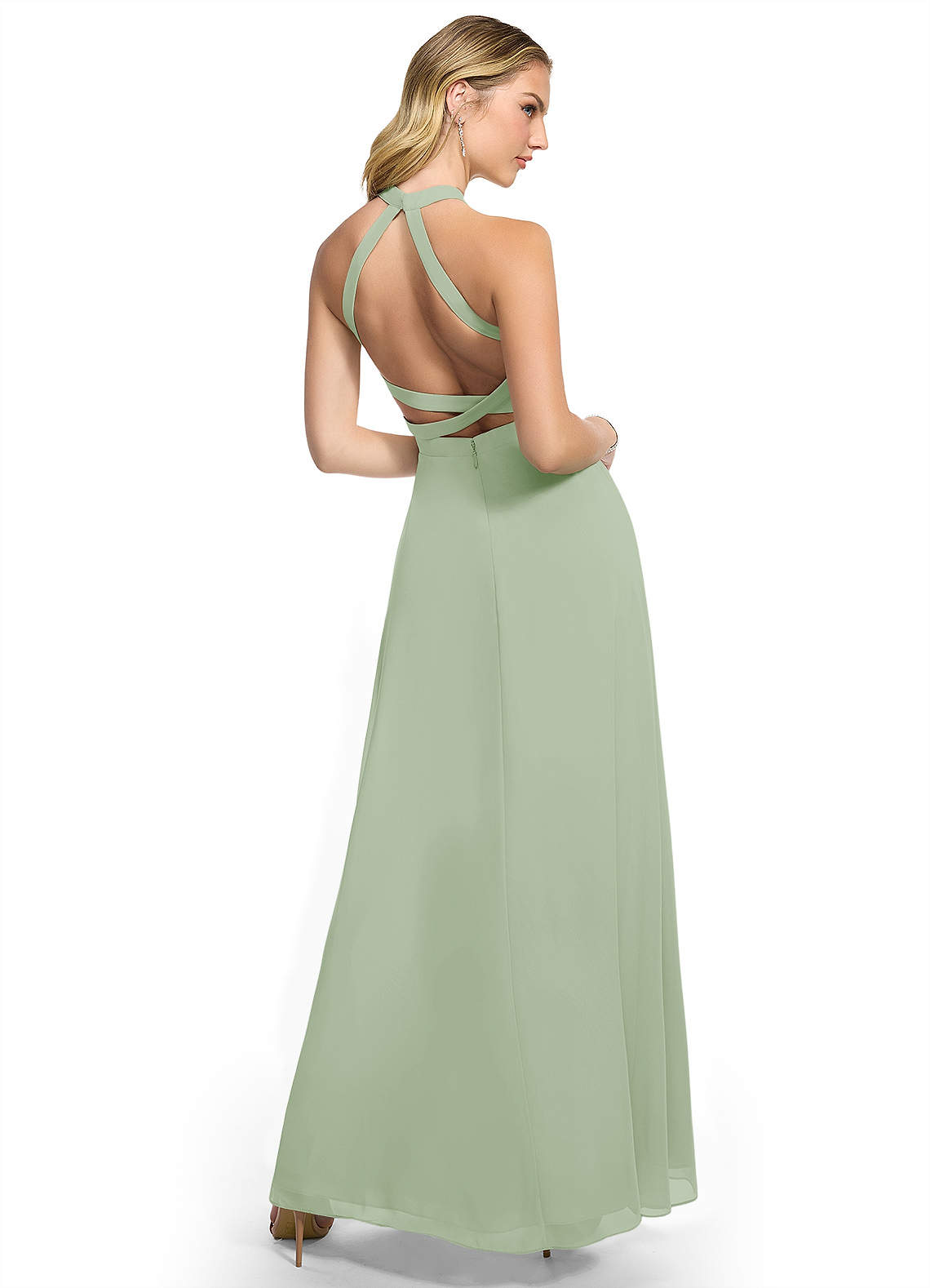 Azazie Clarice Abiti da Damigella Abito A-Line in Chiffon con Scollo Halter Verde Salvia image3