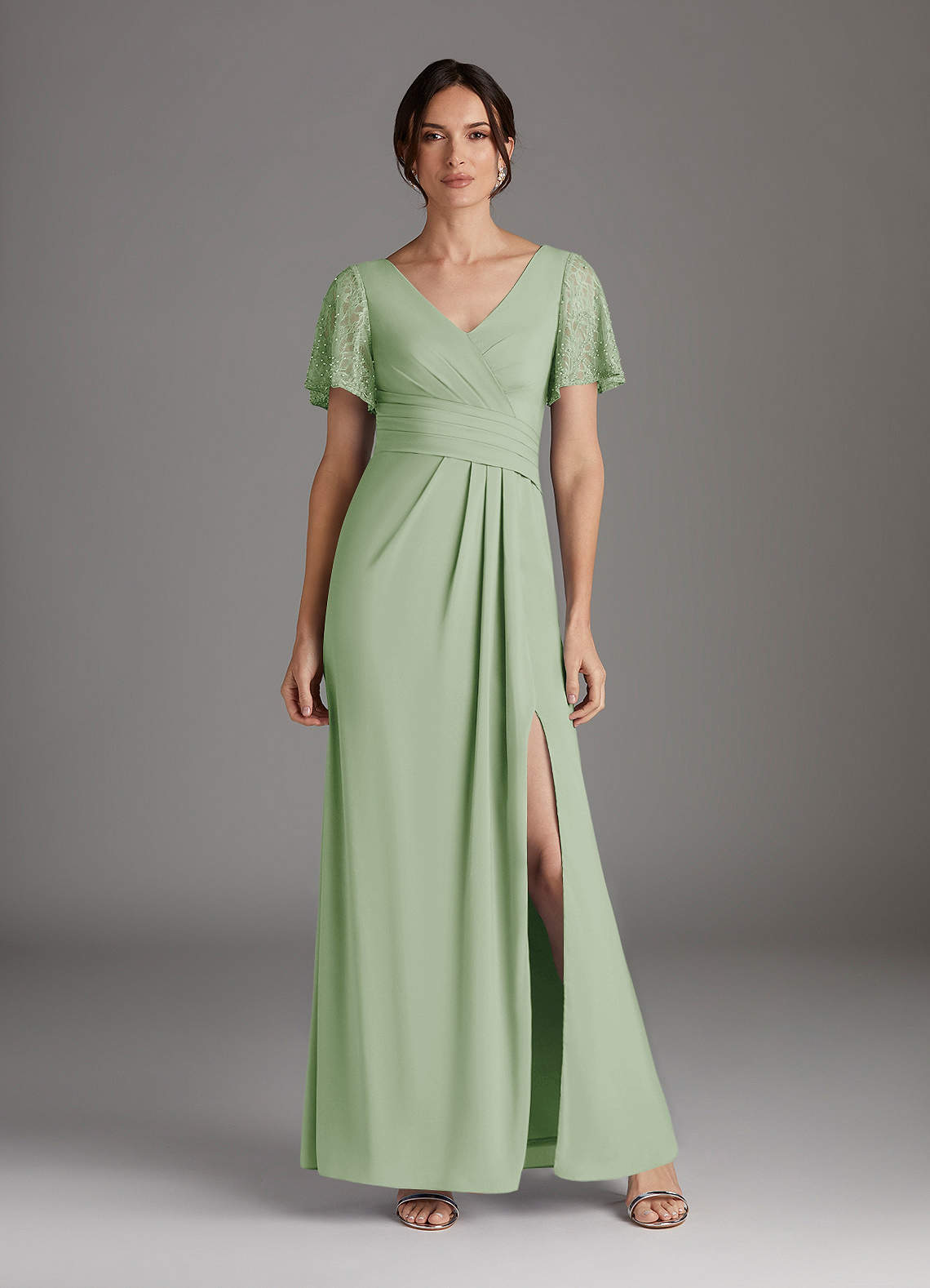 Azazie Jannie Mother of the Bride Dresses Dusty Sage A-Line V-Neck Lace Stretch Chiffon Dress image1
