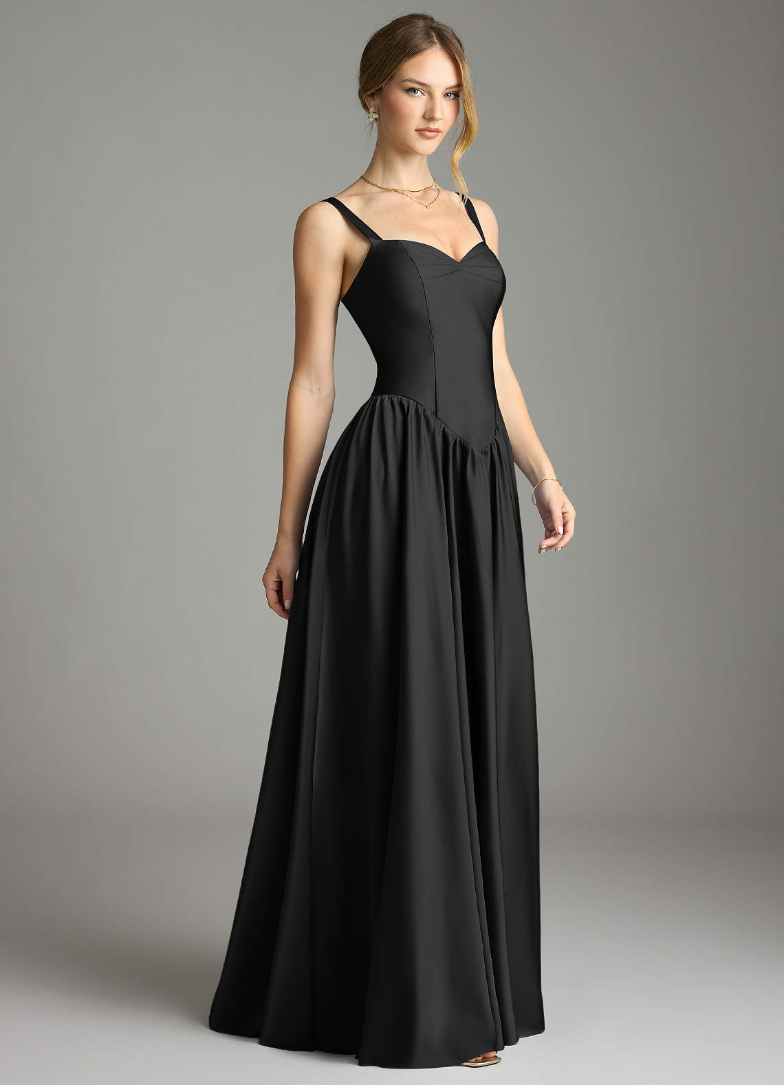 NEAT  COTTON SATIN │WIDE - BLACK    21aw Azazie Evadina Black Stretch Satin Bridesmaid Dresses | Azazie