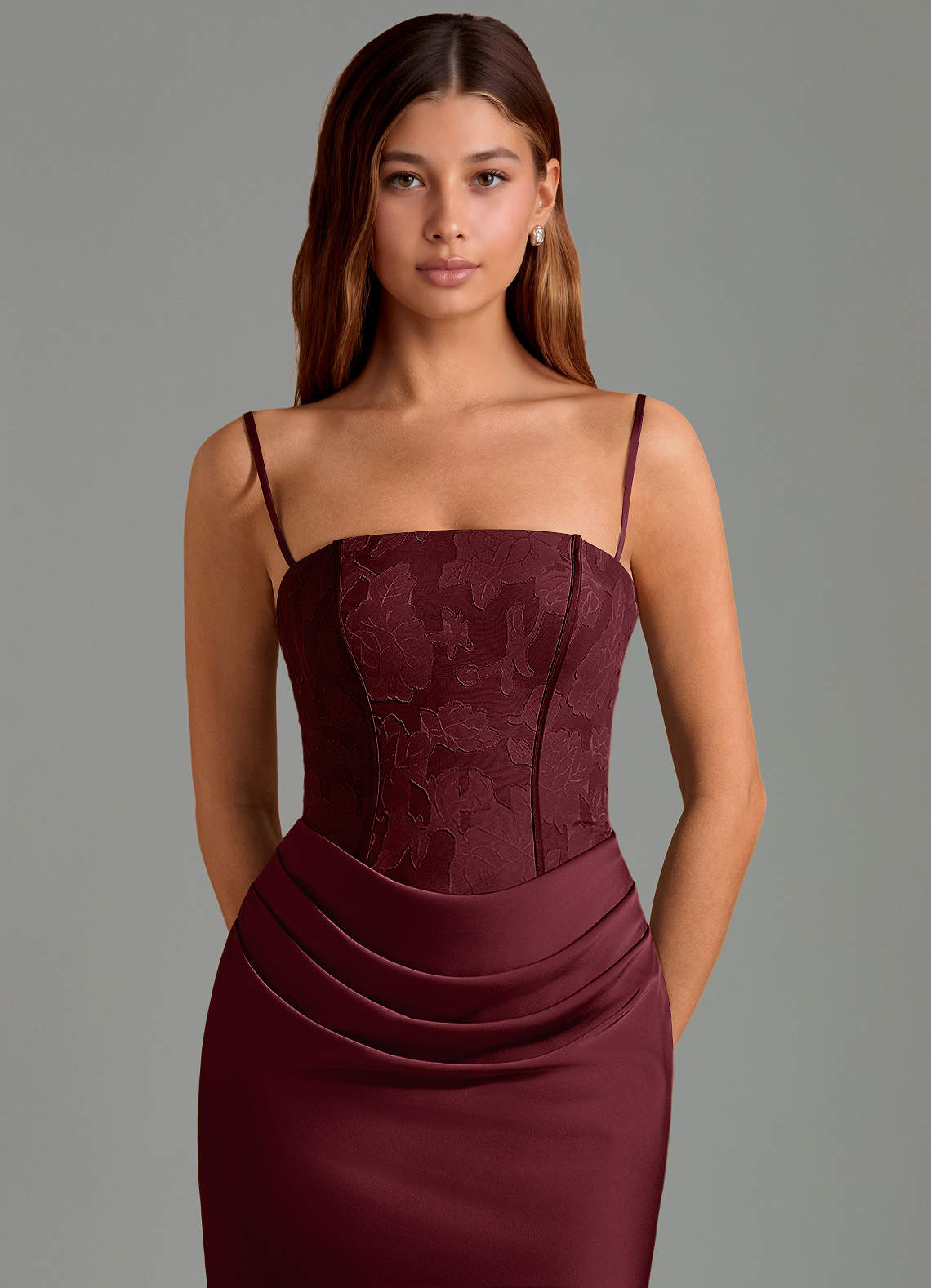 Azazie Emilia Vestidos de damas de honor Vestido de Cabernet de Satén Elástico de Corte Sirena con Sin tirantes image5
