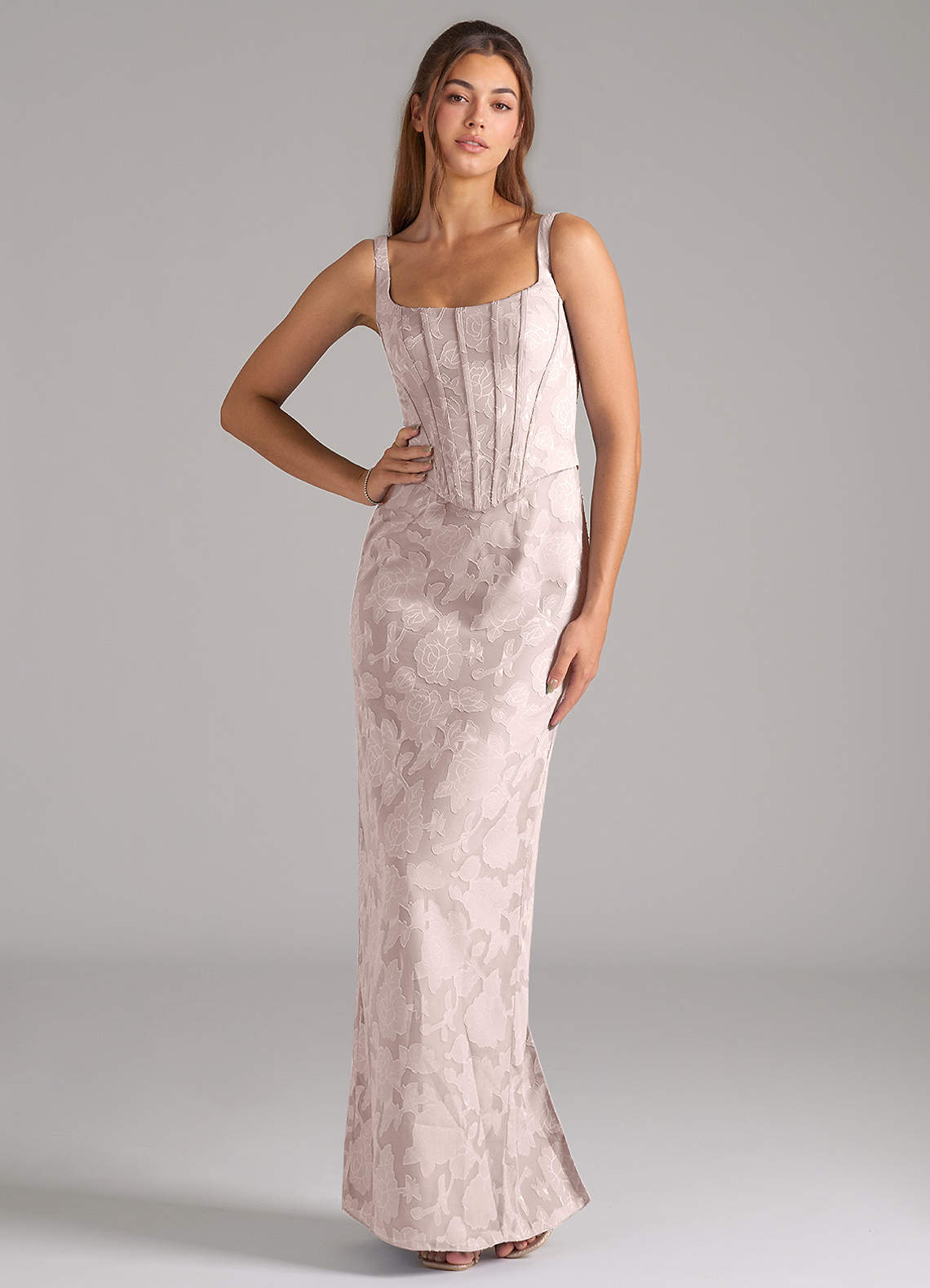 Azazie Kenna Bridesmaid Dresses Blushing Pink Sheath Side Slit Floral Burnout Dress image1