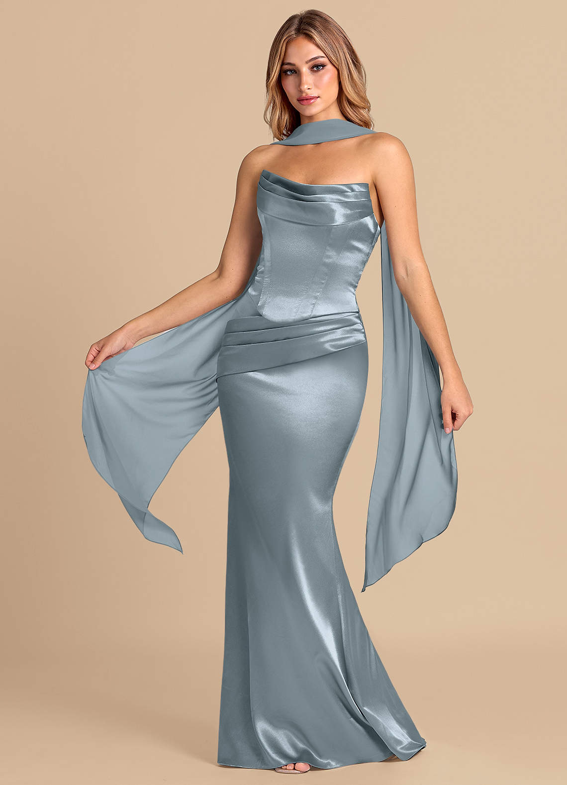 Azazie Sorrel Brautjungfernkleider Wandelbar Meerjungfrau-Linie Korsett Metallischer Satin Kleid Staubblau image1