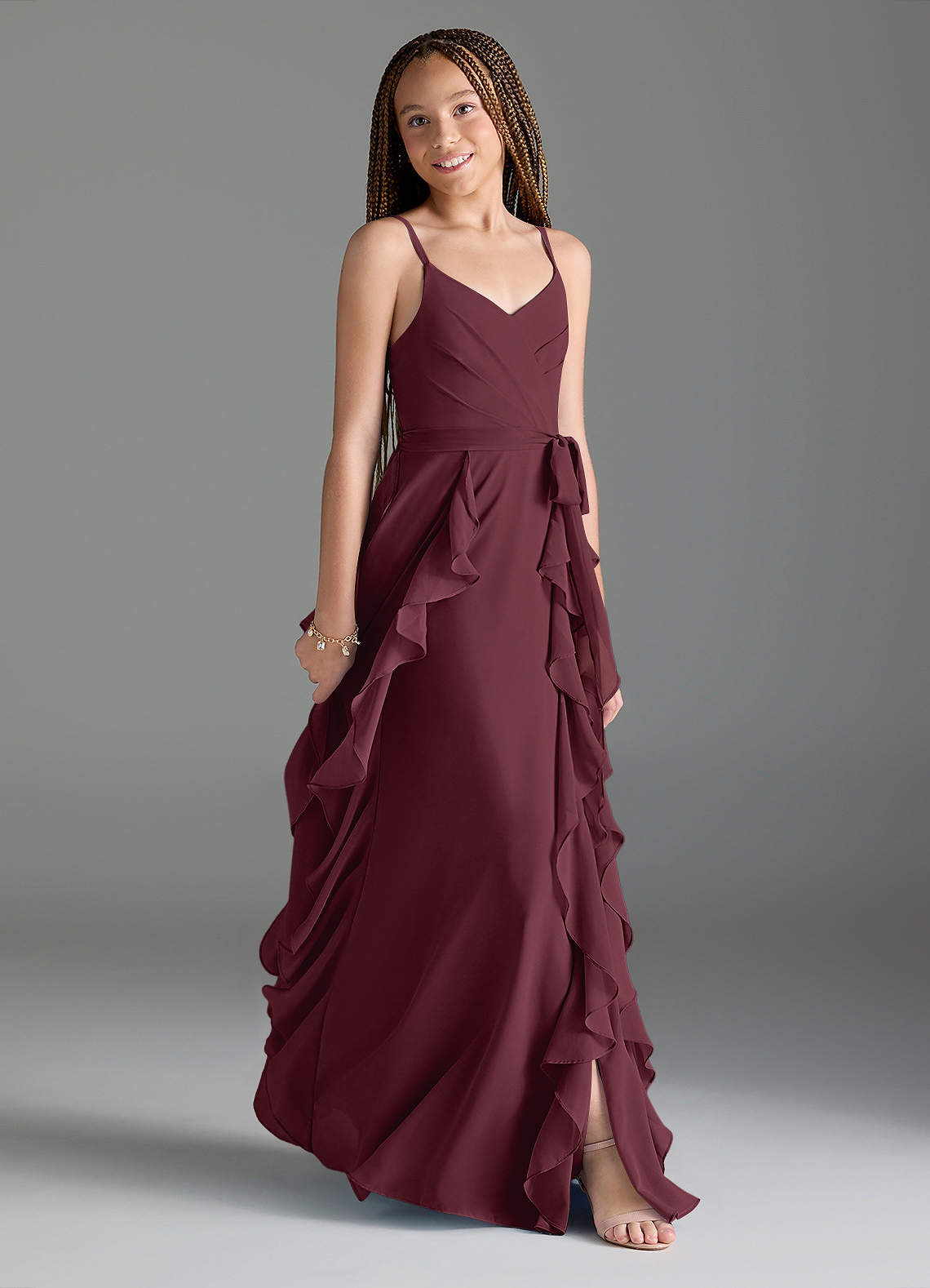 Azazie Peyton Junior Vestido Cabernet de Chiffon de Linha A com Plissado image2