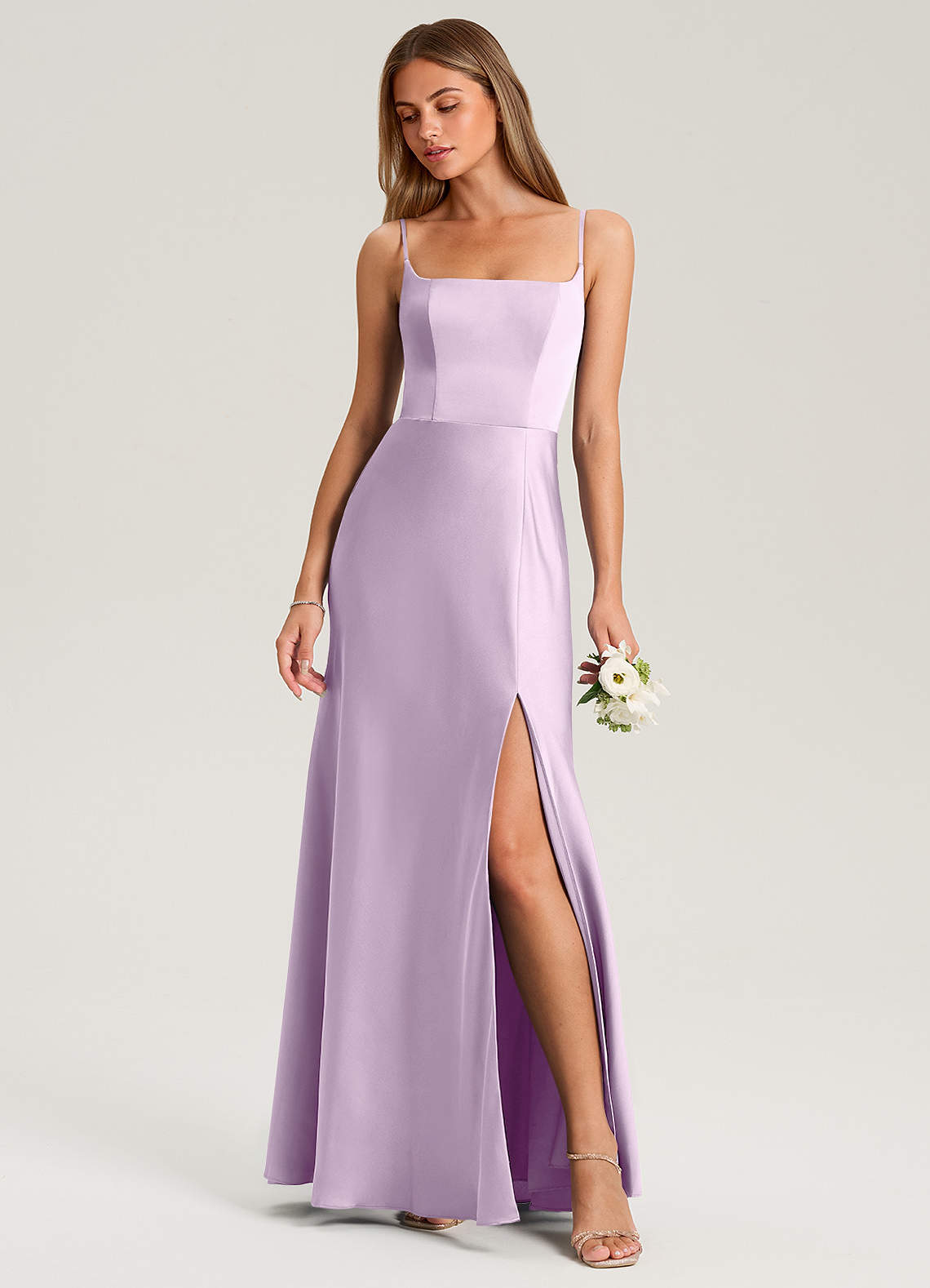 Azazie Lidia Bridesmaid Dresses Frosted Lilac Mermaid Side Slit Stretch Satin Dress image1