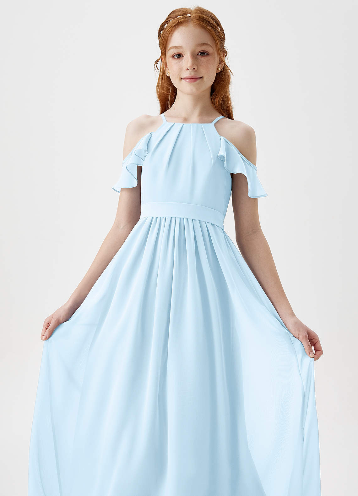 Azazie Chaya Junior Sky Blue A-Line Off the Shoulder Chiffon Dress image1