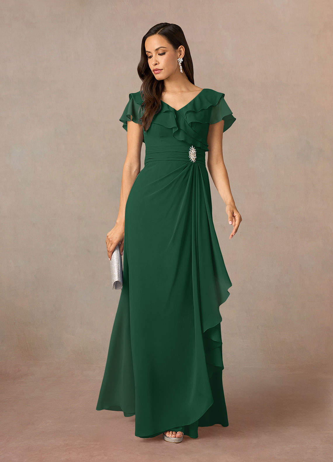 Azazie Snapdragon Kleider für die Brautmutter A-Linie V-Hals Gerüscht Chiffon Kleid Dunkelgrün image1