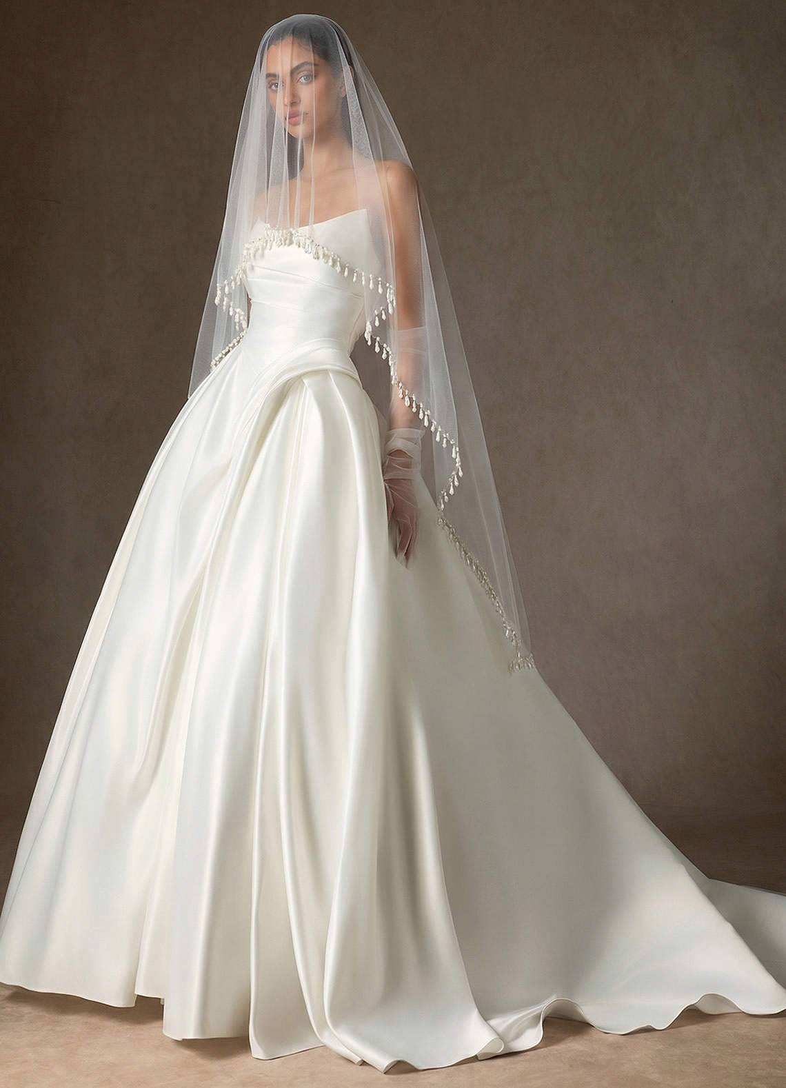 front Fingertip Cascading Pearl Fringe Bridal Cape Veil