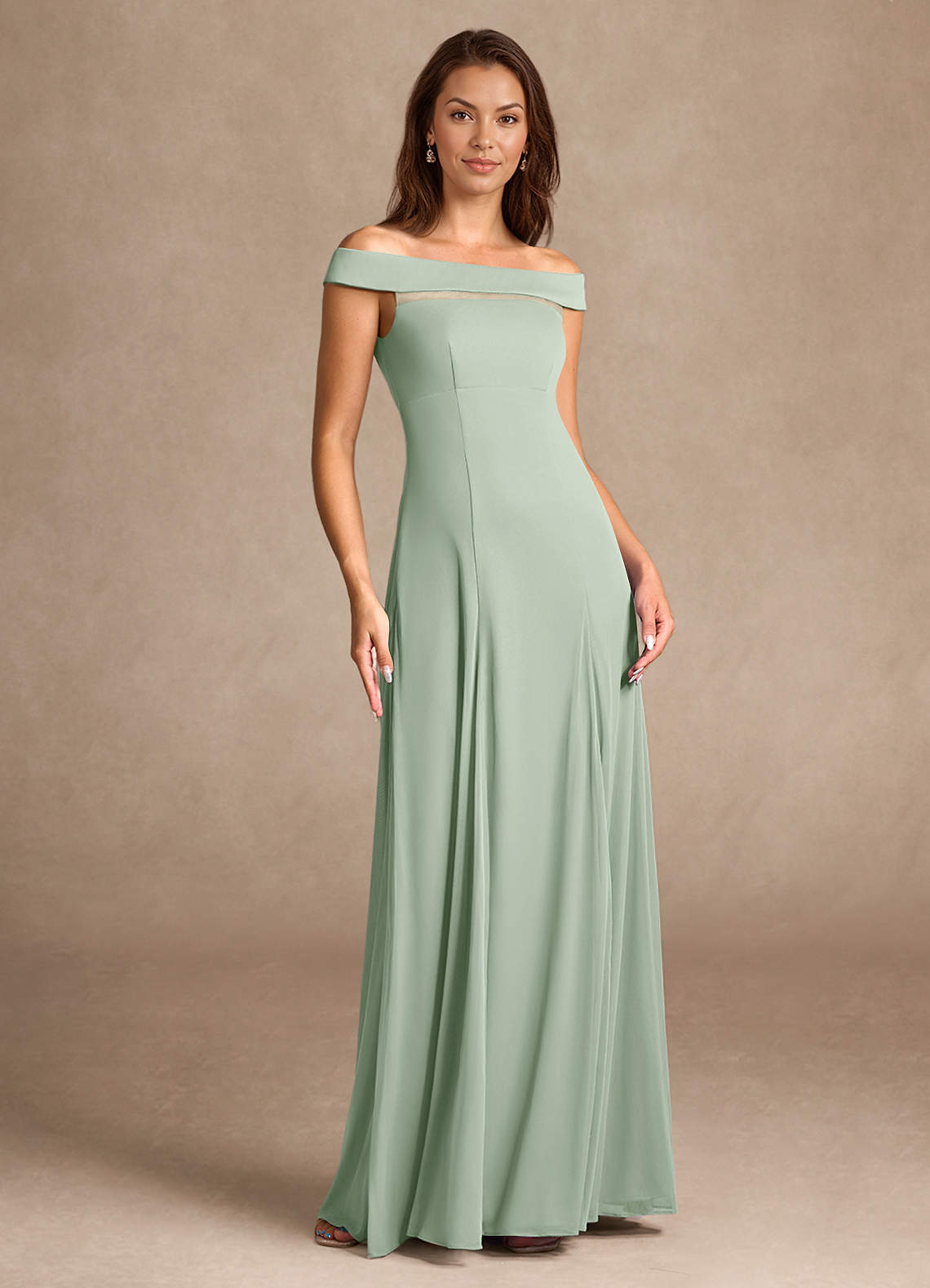 Azazie Ewa Mother of the Bride Dresses Dusty Sage A-Line Off the Shoulder Mesh Dress image6