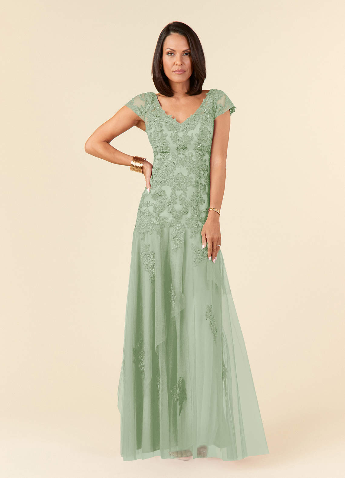 Azazie Romy Mother of the Bride Dresses Dusty Sage Mermaid V-Neck Sequins Tulle Dress image1