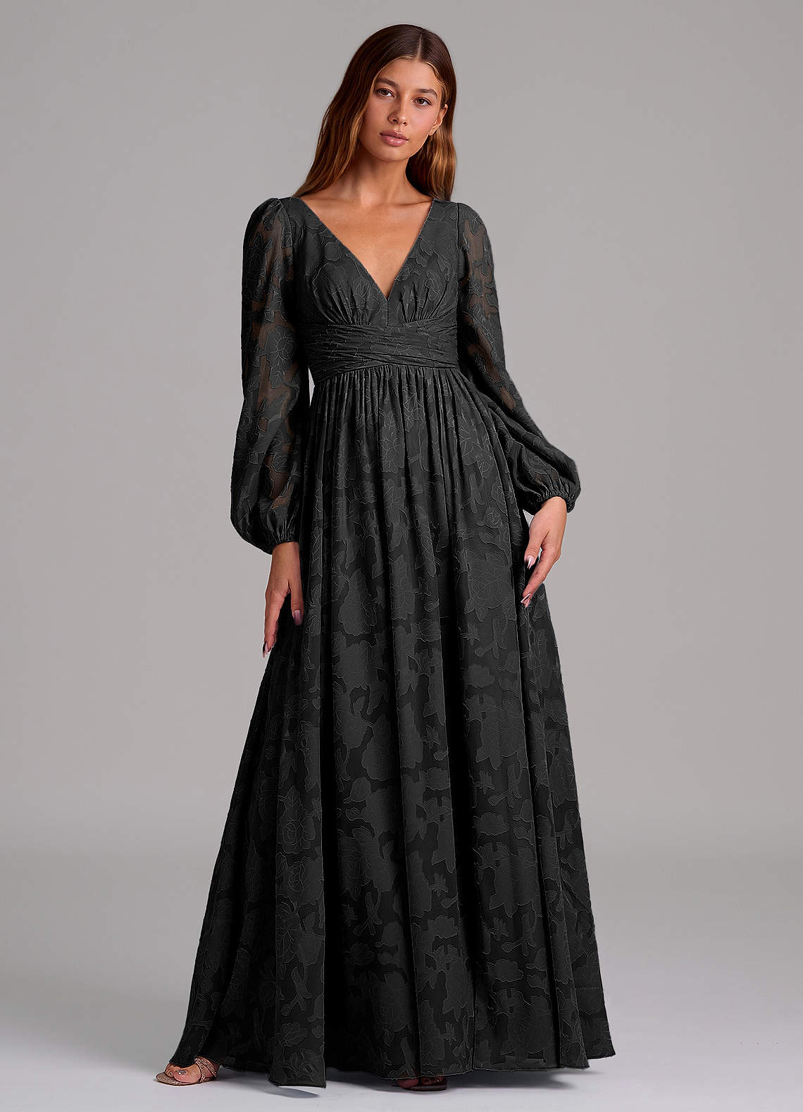 Azazie Norah Bridesmaid Dresses Black A-Line Long Sleeve Floral Burnout Dress image1
