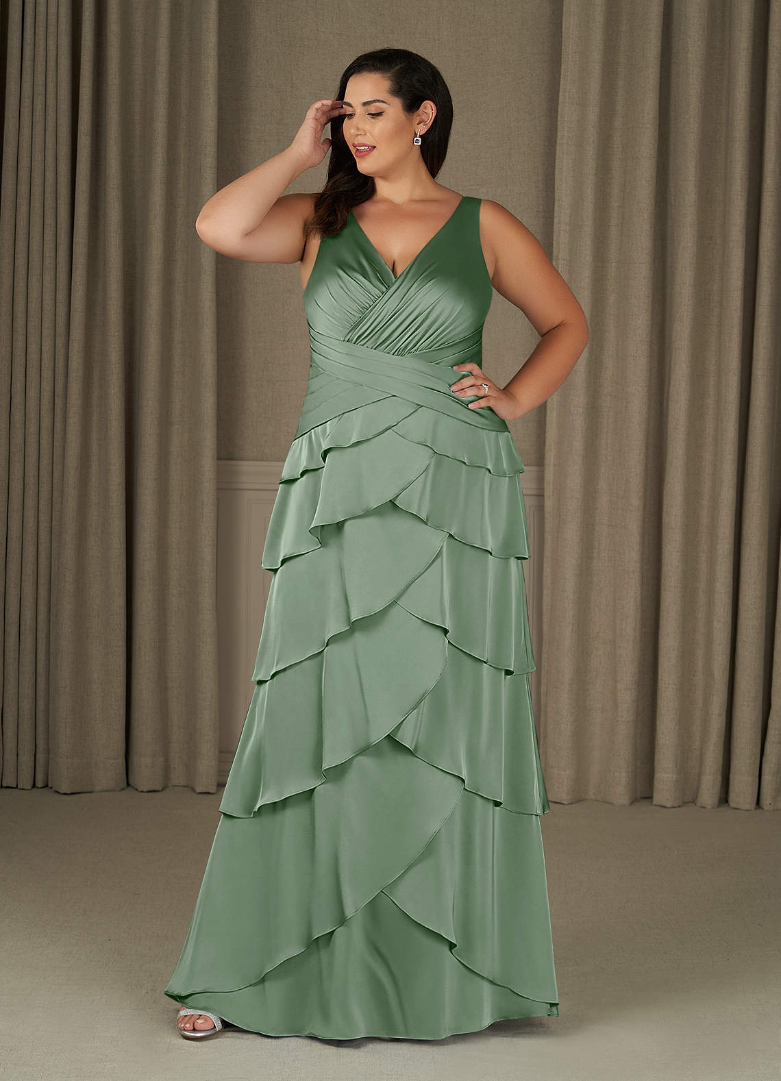Azazie Viola Mother of the Bride Dresses Matcha A-Line Pleated Stretch Satin Dress image1