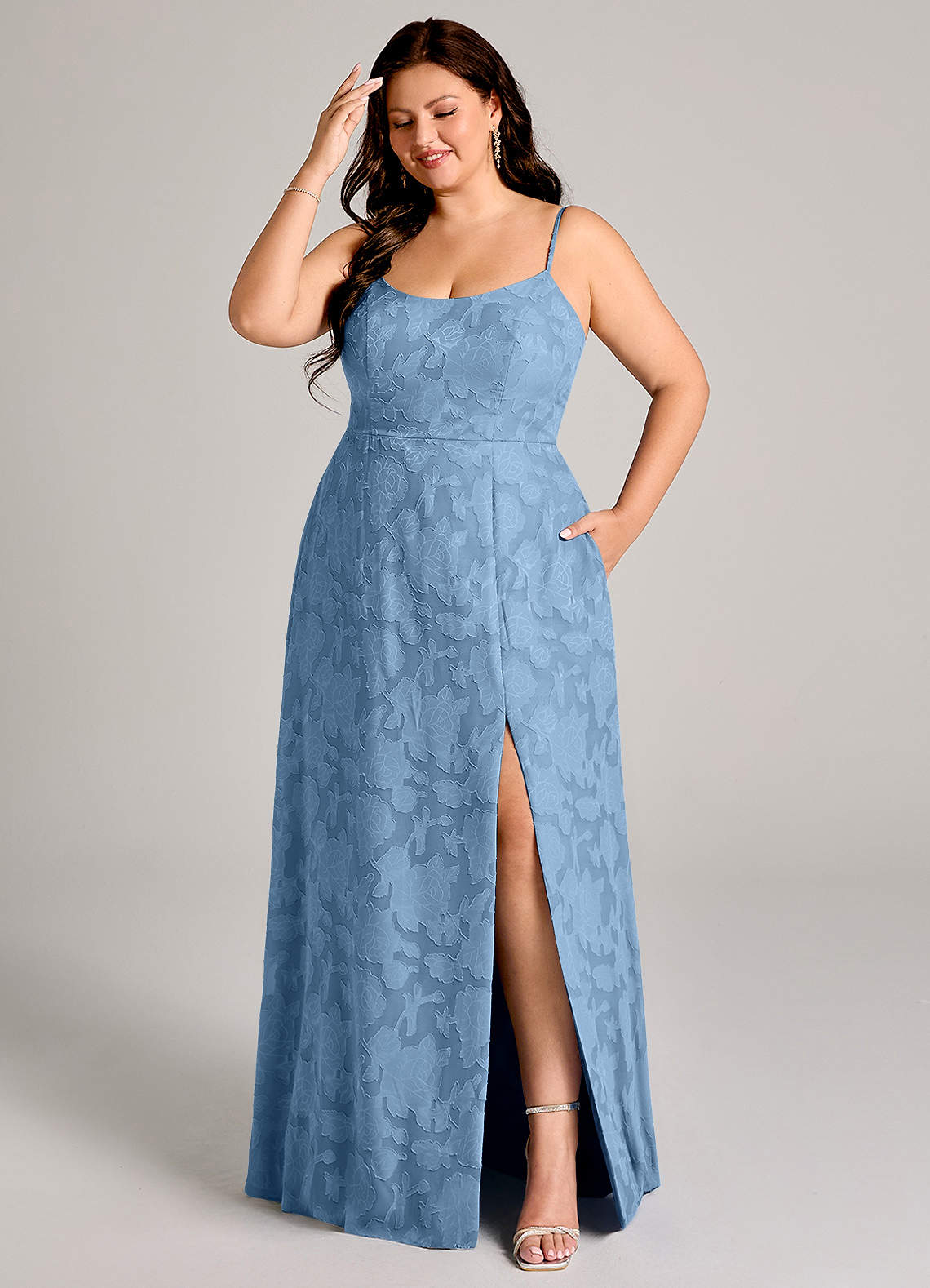 Azazie Moira Brautjungfernkleider A-Linie Seitliche Cut-Outs Blumen-Burnout Kleid Stahlblau image1