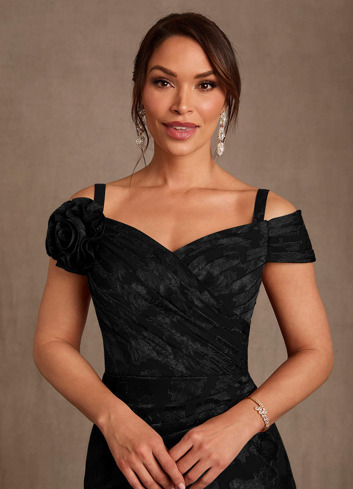Azazie Bernadette Black A-Line Off the Shoulder Floral Burnout Dress |  Azazie