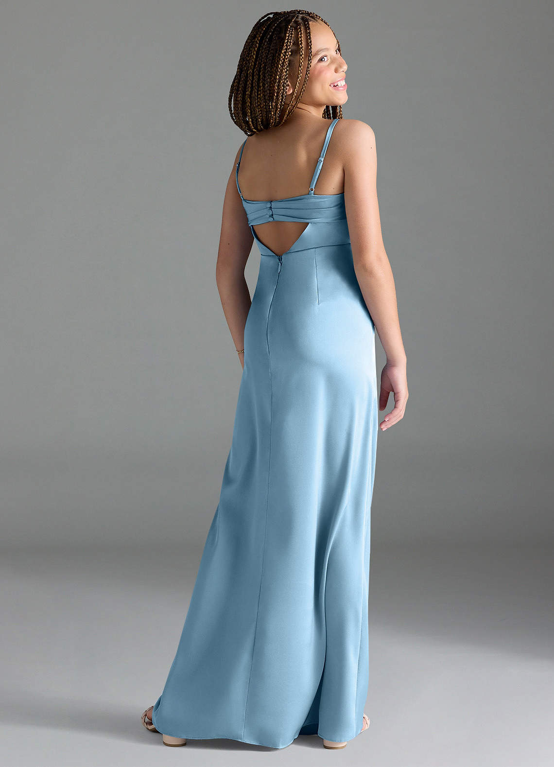 Azazie Leonis Junior Steel Blue A-Line Pleated Stretch Satin Dress image4