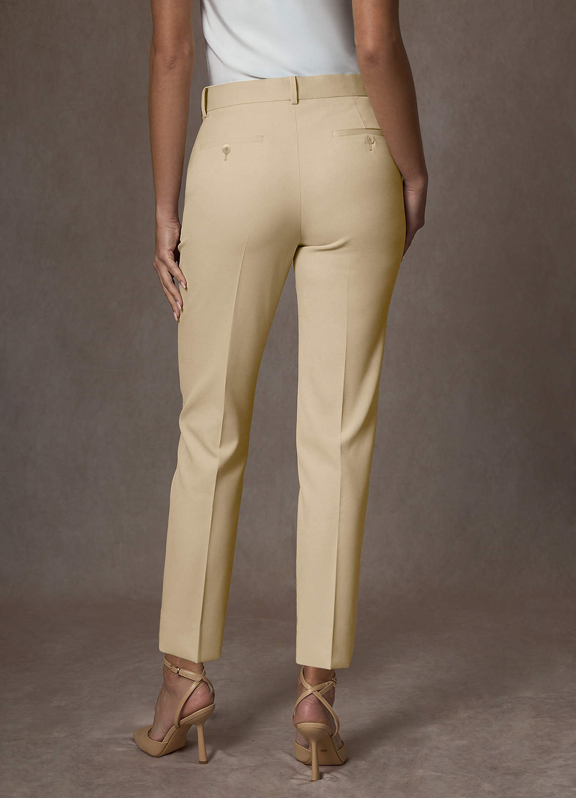 front Whitney Champagne Structured Stretch Full Length Dress Pants
