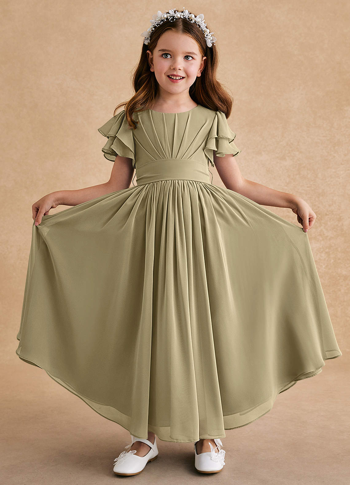 Azazie Ali Blumenmädchenkleider A-Linie Plissee Chiffon Kleid Moosgrün image1