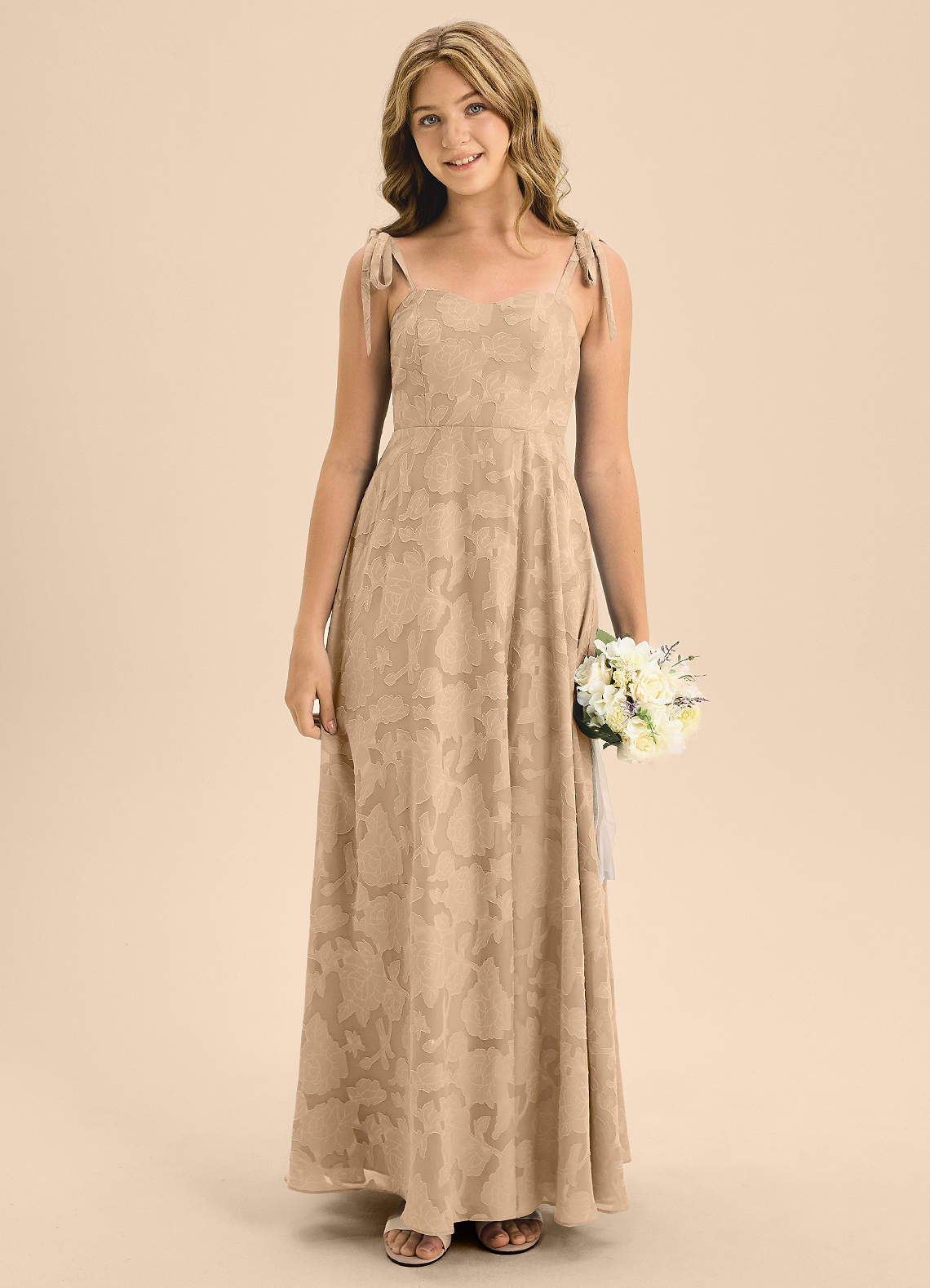 Azazie Rosey Junior Jurk van Bloemen Burn-out met A-Lijn Sweetheart Halslijn Champagne image1