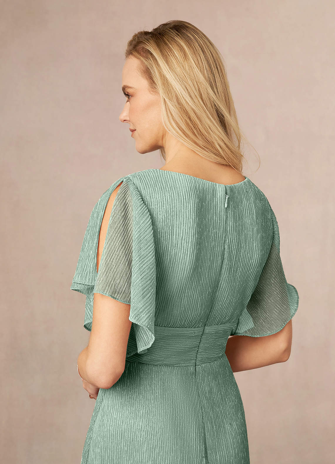 Azazie Kathryn Mother of the Bride Dresses Aquamarine A-Line V-Neck Flutter Sleeve Metallic Mesh Dress image4