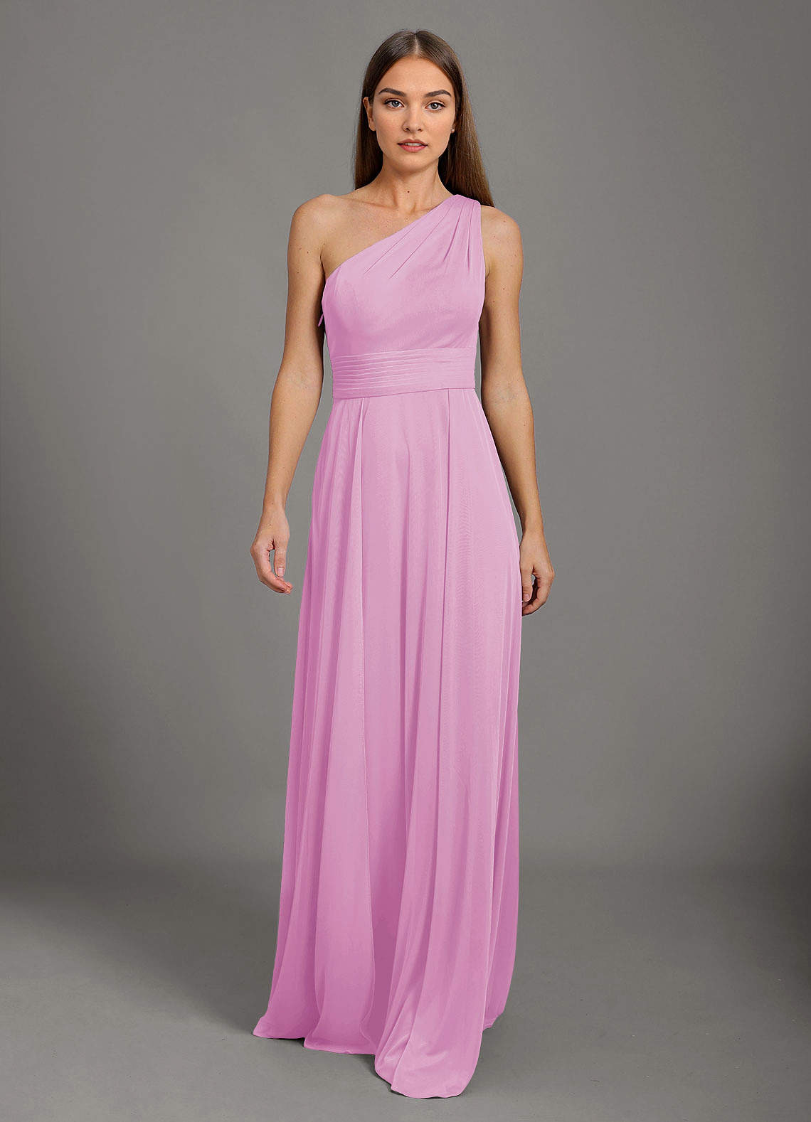 Azazie Dallas Bridesmaid Dresses Candy Pink A-Line One Shoulder Mesh Dress image1