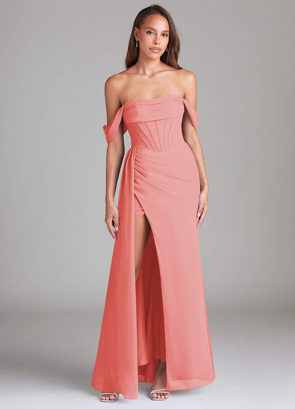 Azazie Amyra Bridesmaid Dresses Coral Sheath Off the Shoulder Chiffon Convertible Dress image1