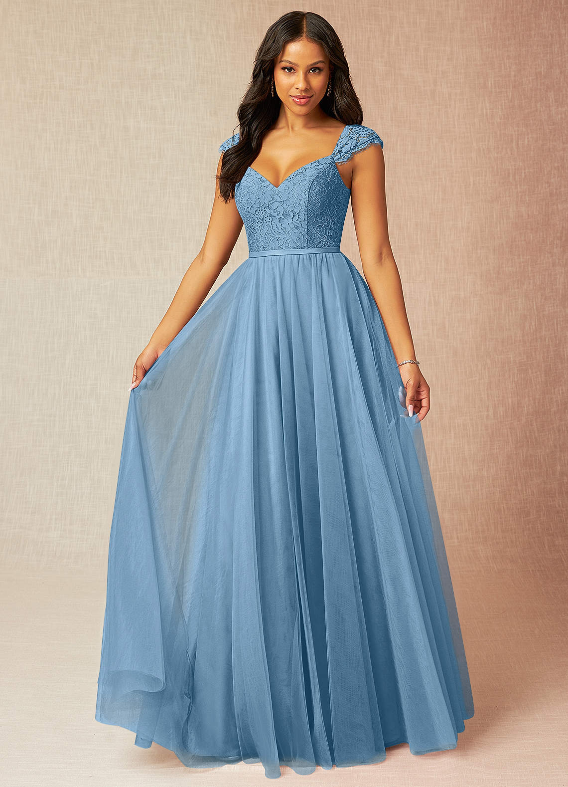Azazie Luxi Bridesmaid Dresses Steel Blue A-Line Pleated Tulle Dress image1