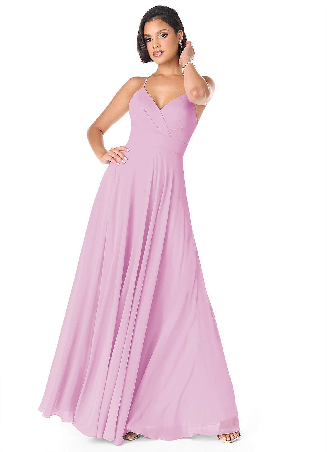 Azazie Avelina Vestidos de damas de honor Vestido de Rosa Caramelo de Gasa de Corte en A con Cuello en V Plisado image1