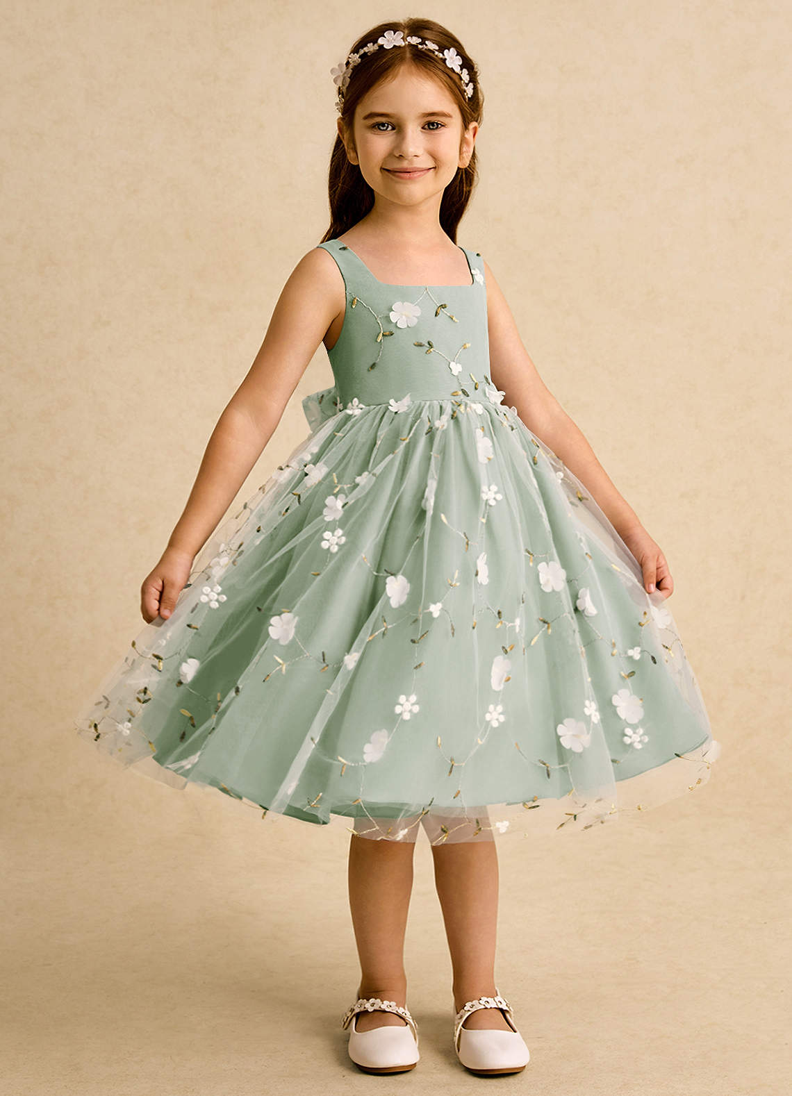 Azazie Bean Flower Girl Dresses Dusty Sage Ball-Gown Sleeveless Tulle Dress image3