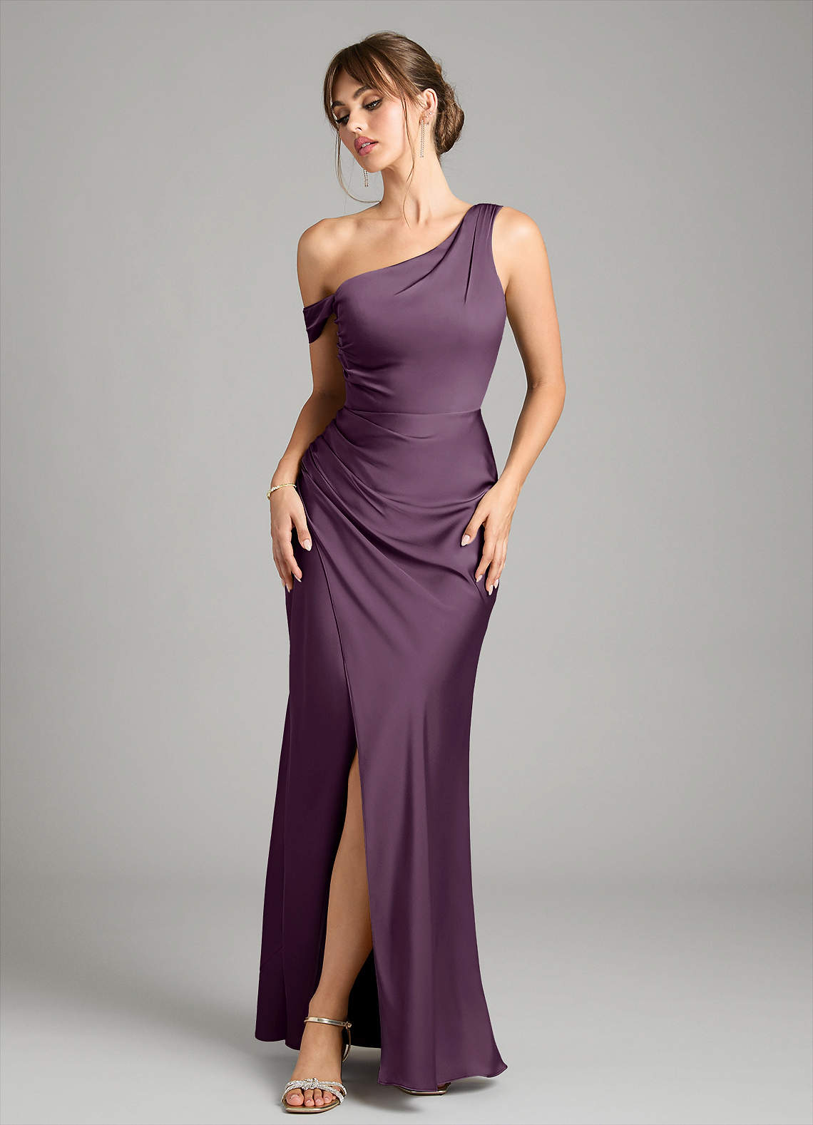 Azazie Madelyn Bridesmaid Dresses Plum Mermaid One Shoulder Stretch Satin Convertible Dress image1