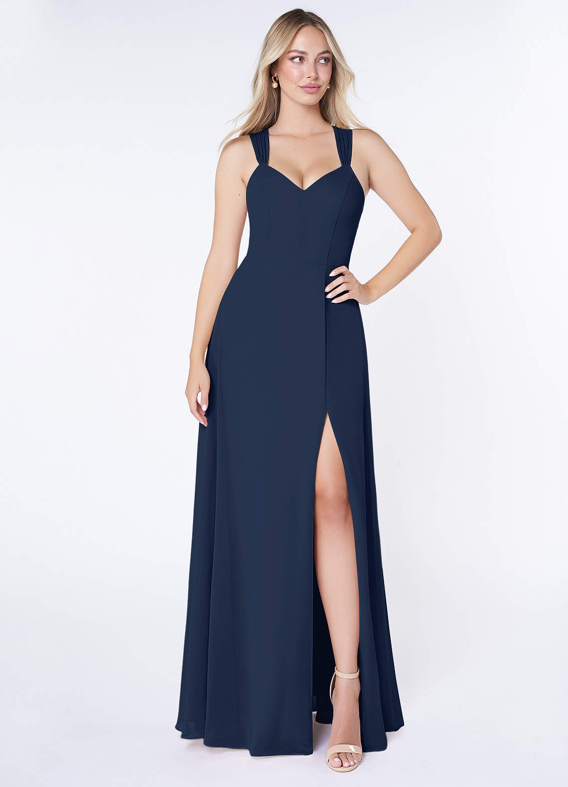 Azazie Jane Vestidos de damas de honor Vestido de Azul Marino Oscuro de Gasa de Corte en A con Cuello en V plisado image1