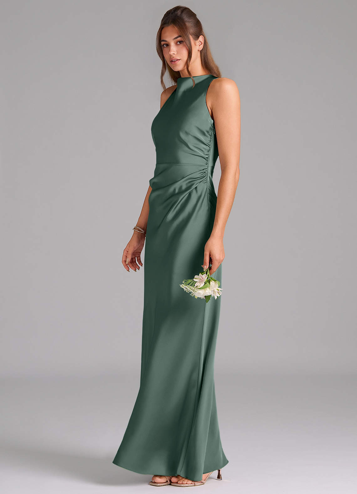 Azazie Evadne Bridesmaid Dresses Sea Moss A-Line Pleated Stretch Satin Dress image1