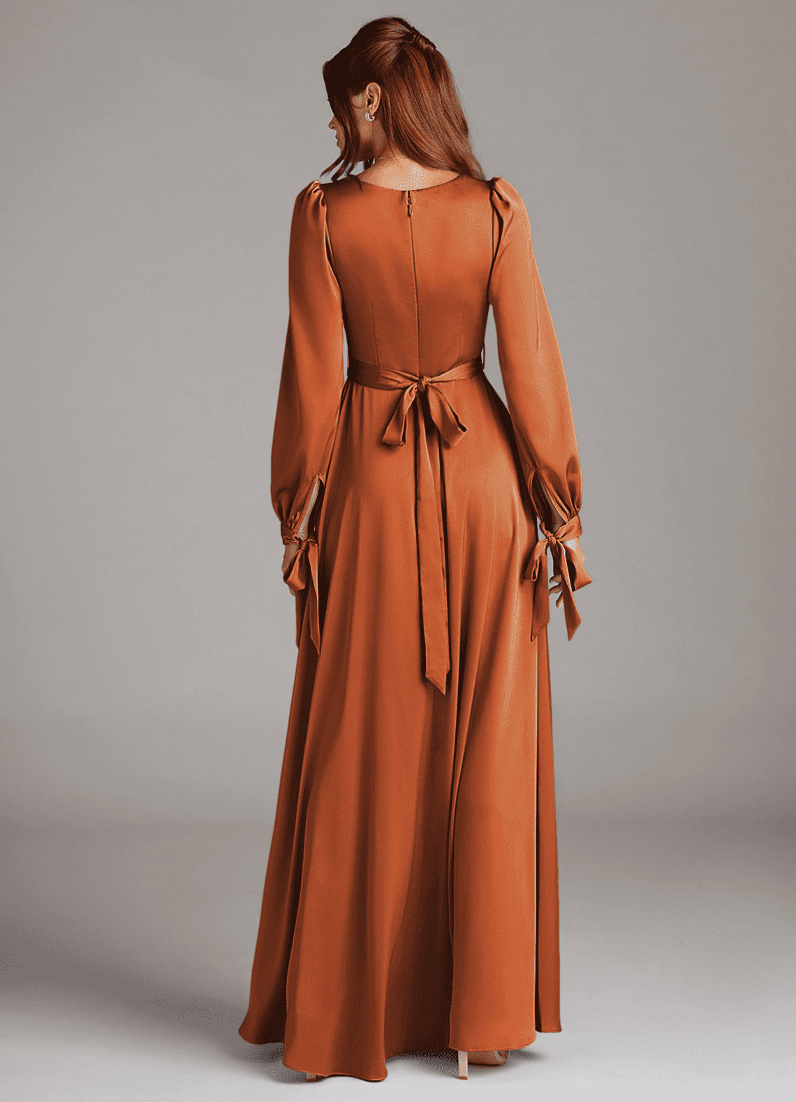 Azazie Leonia Bridesmaid Dresses Cinnamon A-Line Long Sleeve Stretch Satin Dress image6
