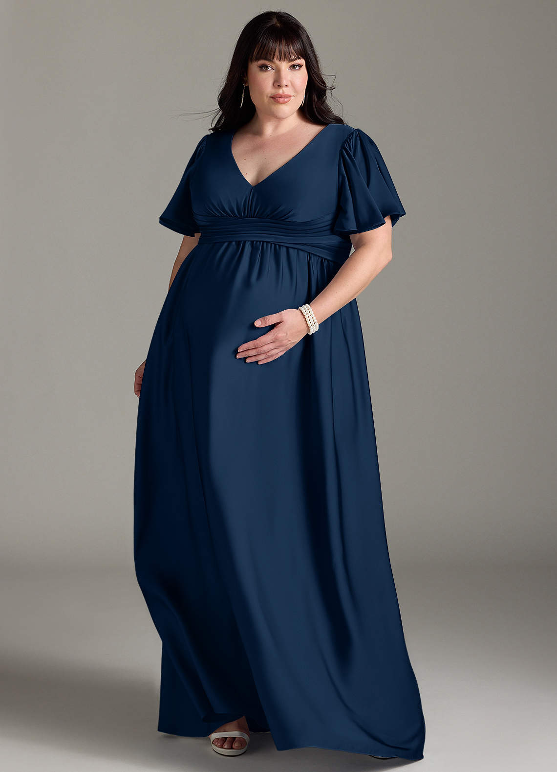Azazie Verna Maternity Bridesmaid Dresses A-Line Ruched Stretch Satin Floor-Length Dress image1