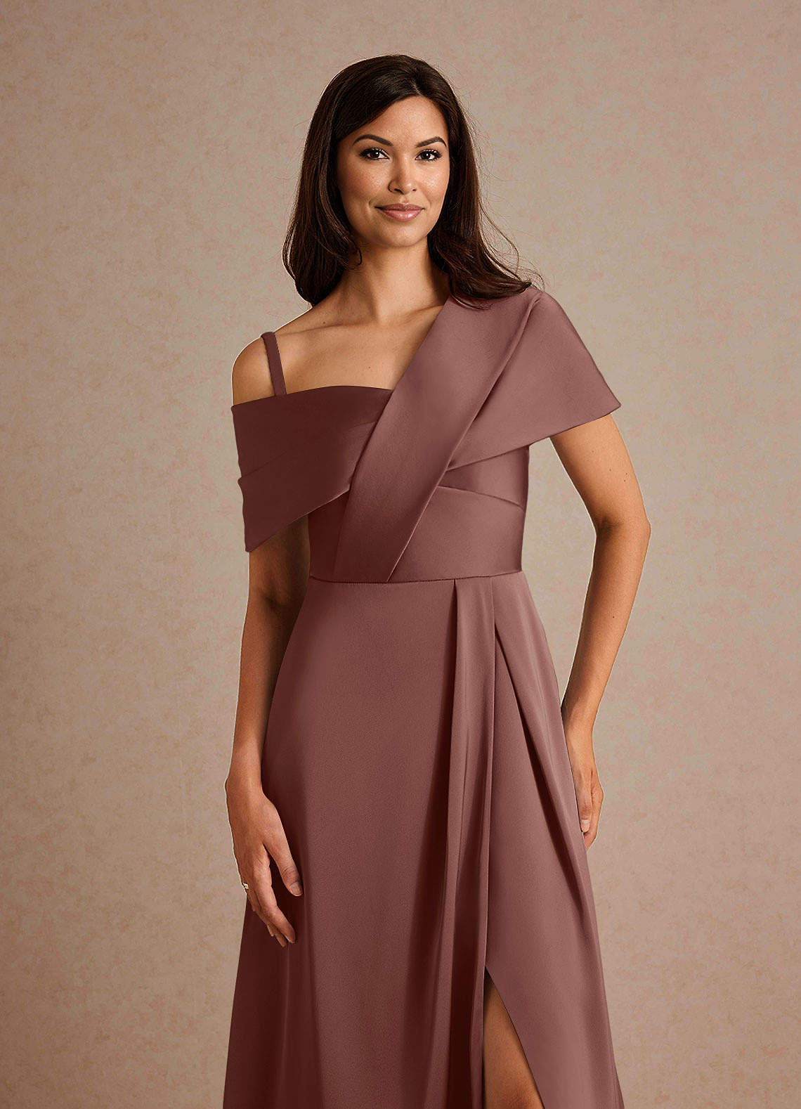 Azazie Milton Mother of the Bride Dresses Espresso A-Line Pleated Stretch Satin Dress image2