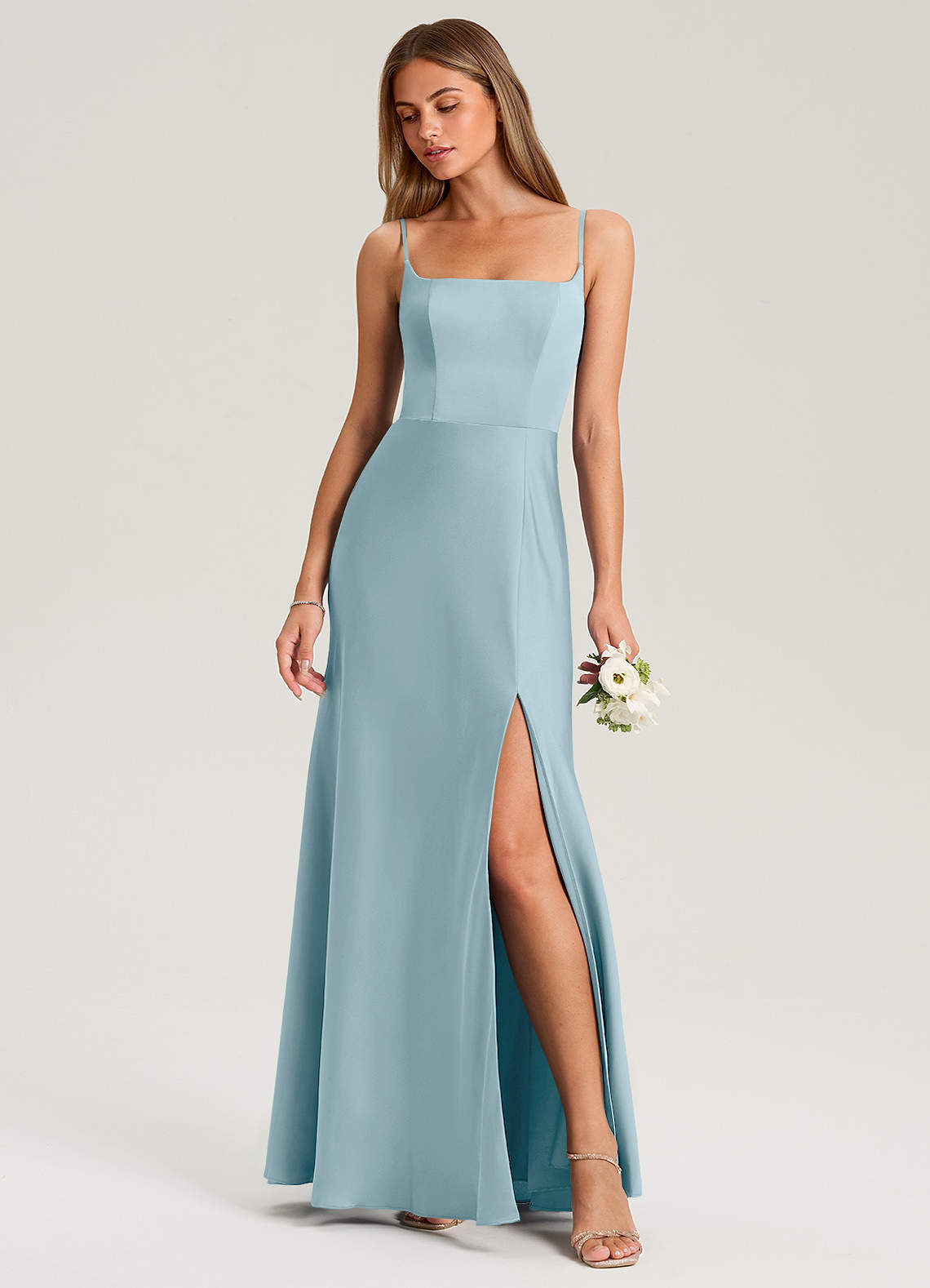 Azazie Lidia Bridesmaid Dresses Moody Blue Mermaid Side Slit Stretch Satin Dress image1