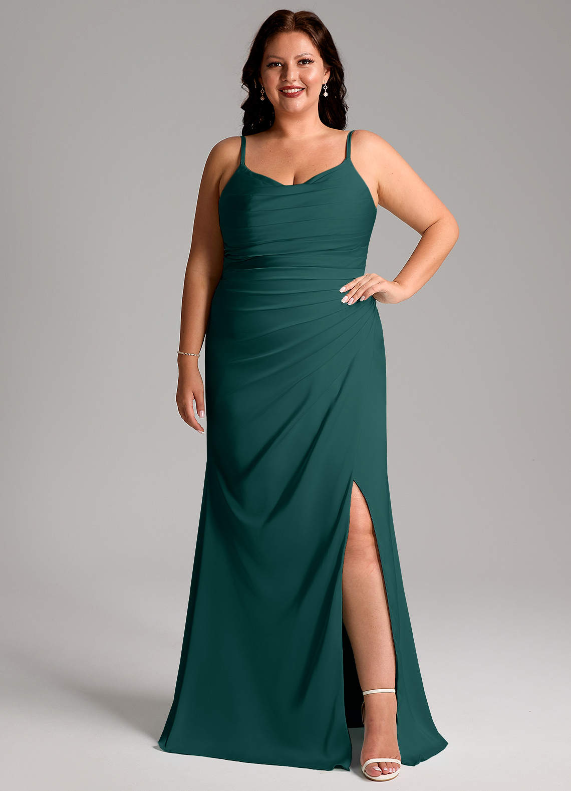 Azazie Deandra Bridesmaid Dresses Pine Mermaid Pleated Stretch Satin Dress image1