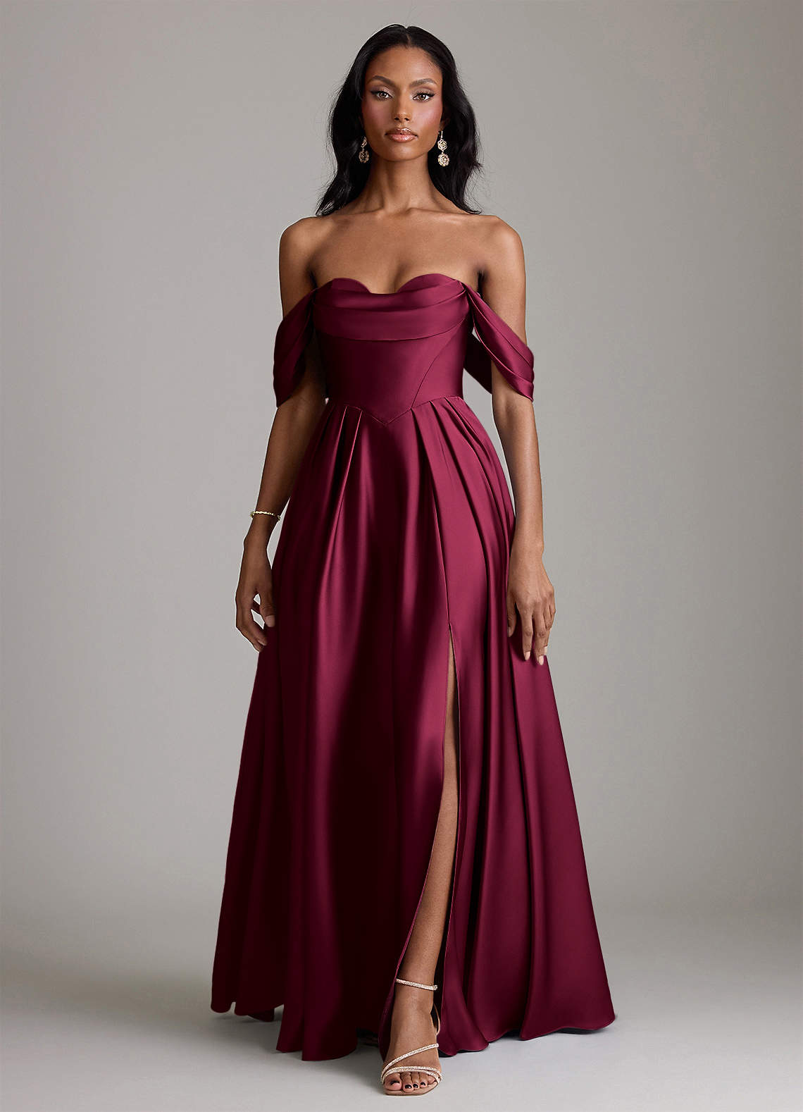 Azazie Loisa Bridesmaid Dresses Burgundy A-Line Off the Shoulder Stretch Satin Dress image6