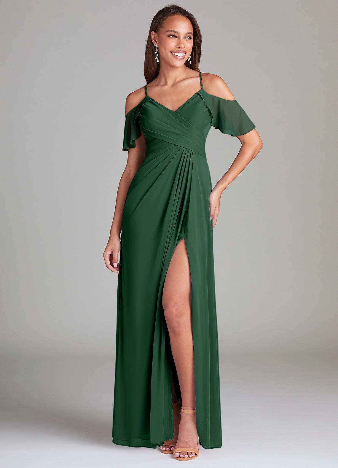 Azazie Dakota Jurken voor bruidsmeisjes Jurk van Mesh met A-Lijn Off the Shoulder Donkergroen image1