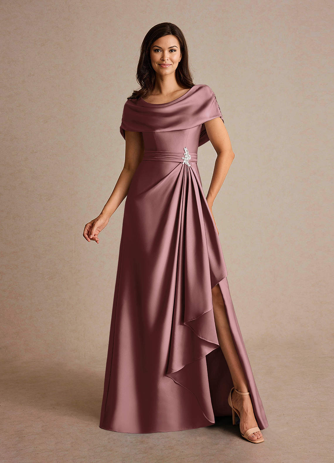 Azazie Branford Vintage Mauve A-Line Pleated Stretch Satin Dress