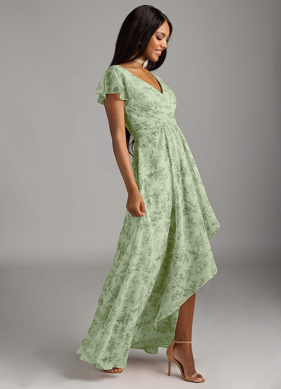 Azazie Omari Bridesmaid Dresses Green Fern Floral A-Line Chiffon Dress image1