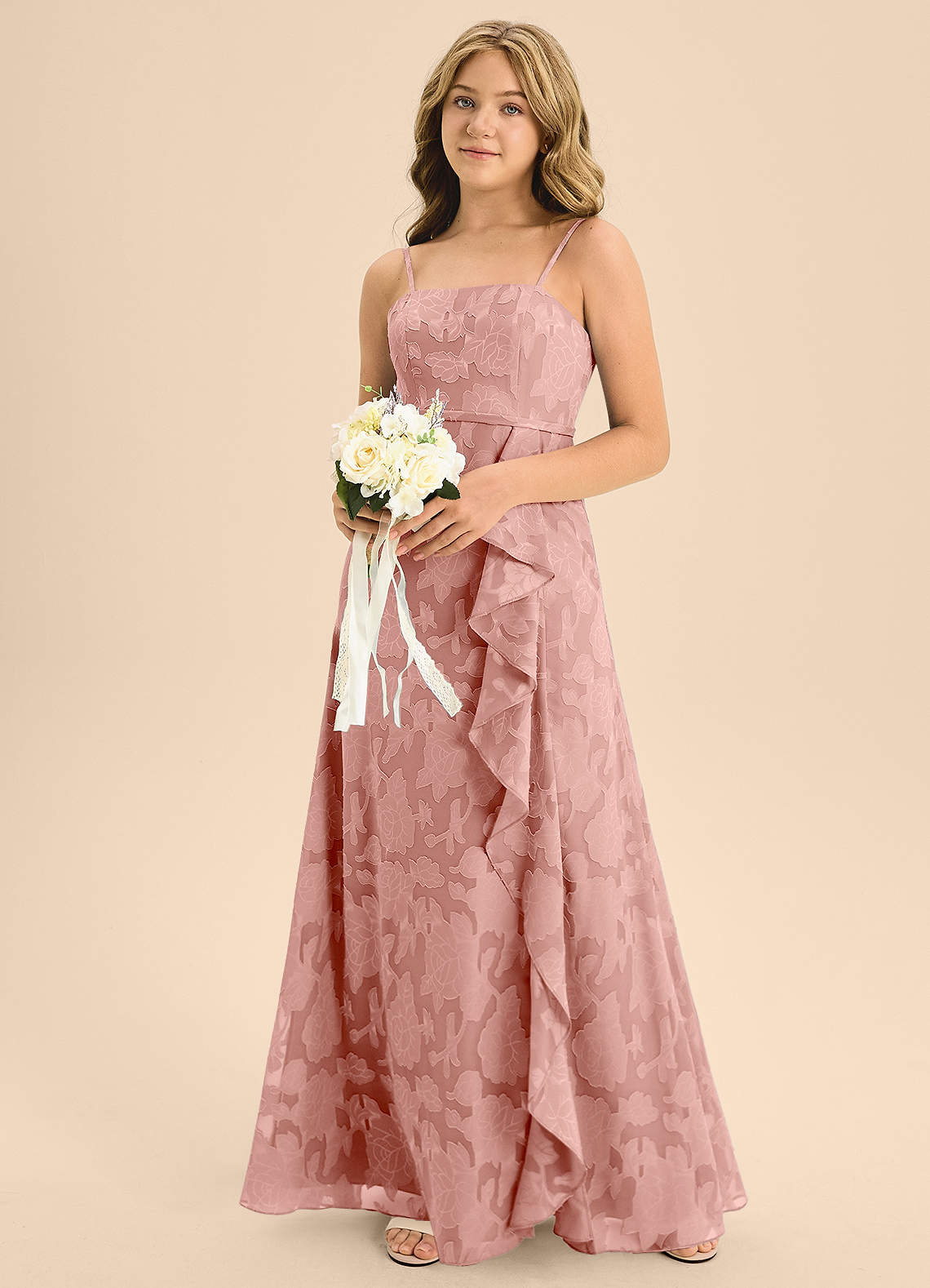 Azazie Kaylee Junior Abito A-Line in Burnout Floreale Con Cintura Rosetta image1