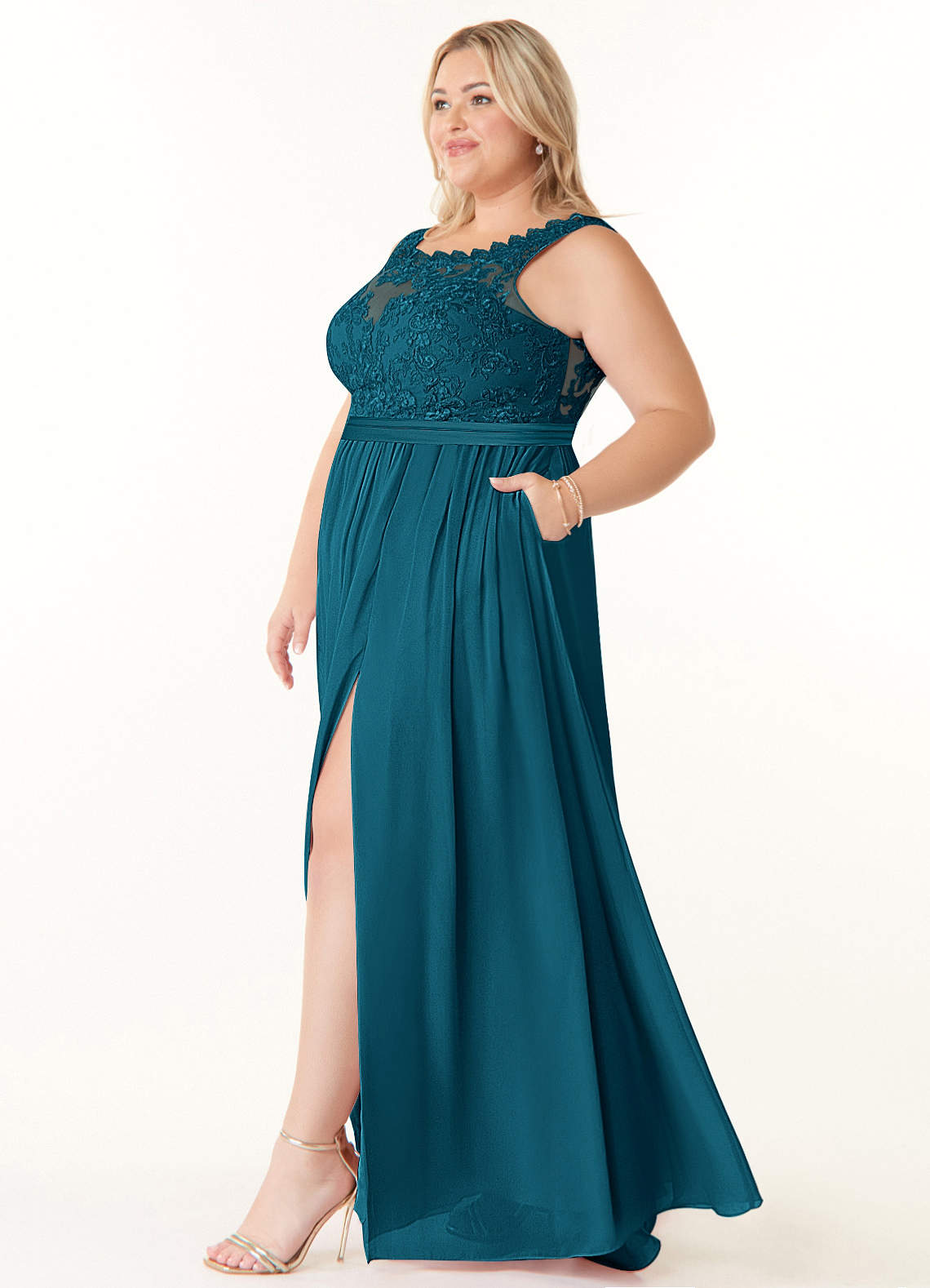 Azazie Elly Bridesmaid Dresses Ink Blue A-Line Lace Scoop Neck Chiffon Dress image8