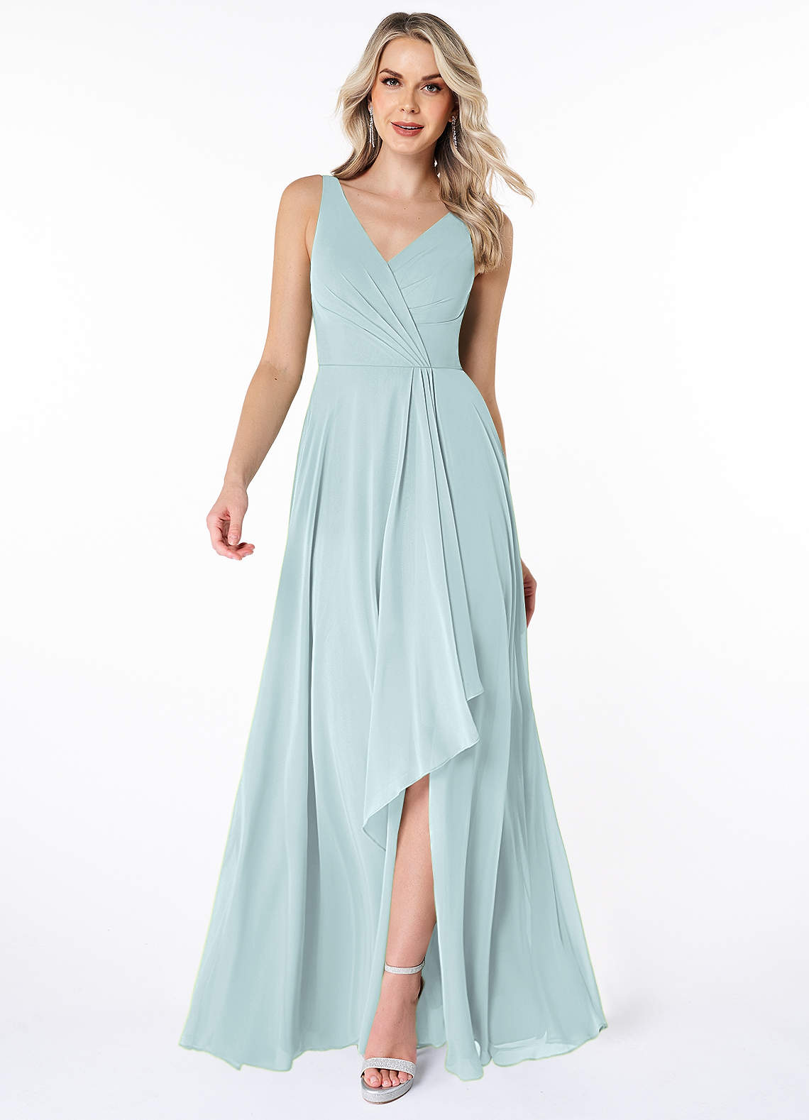 Azazie Calvi Brautjungfernkleider A-Linie Gestreift Chiffon Kleid Nebel image1