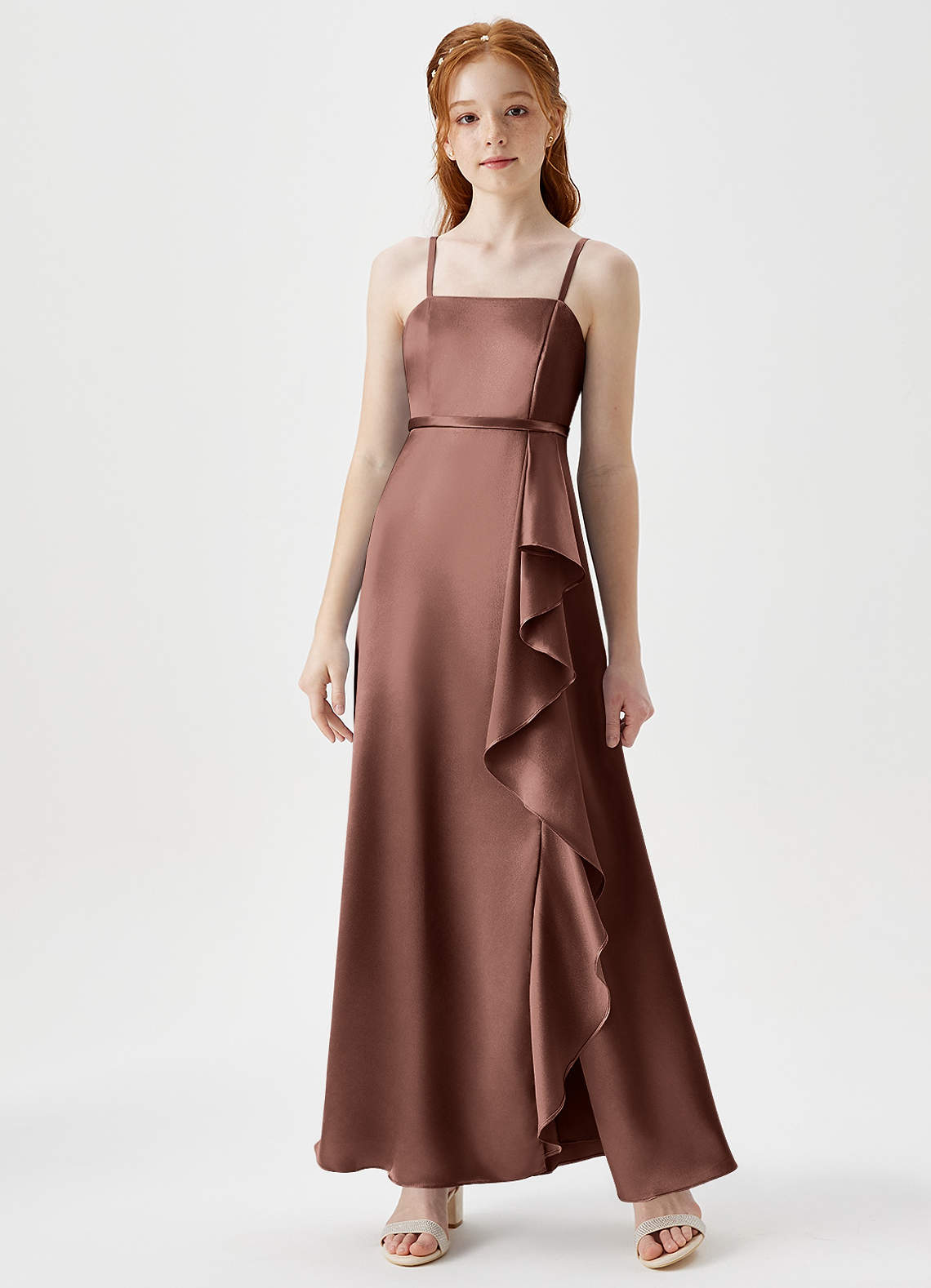 Azazie Kaylee Junior Espresso A-Line with Belt Metallic Satin Dress image1